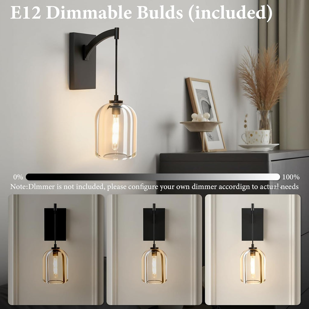 Crystal Brass Hemisphere Wall Sconce - Set of 2 Black Brushed Dimmable Sconces with Bulbs - Modern Hanging Light Decor - Luxury Indoor Lighting Fixture for Bedroom Living Room Bathroom Vanity Hallway