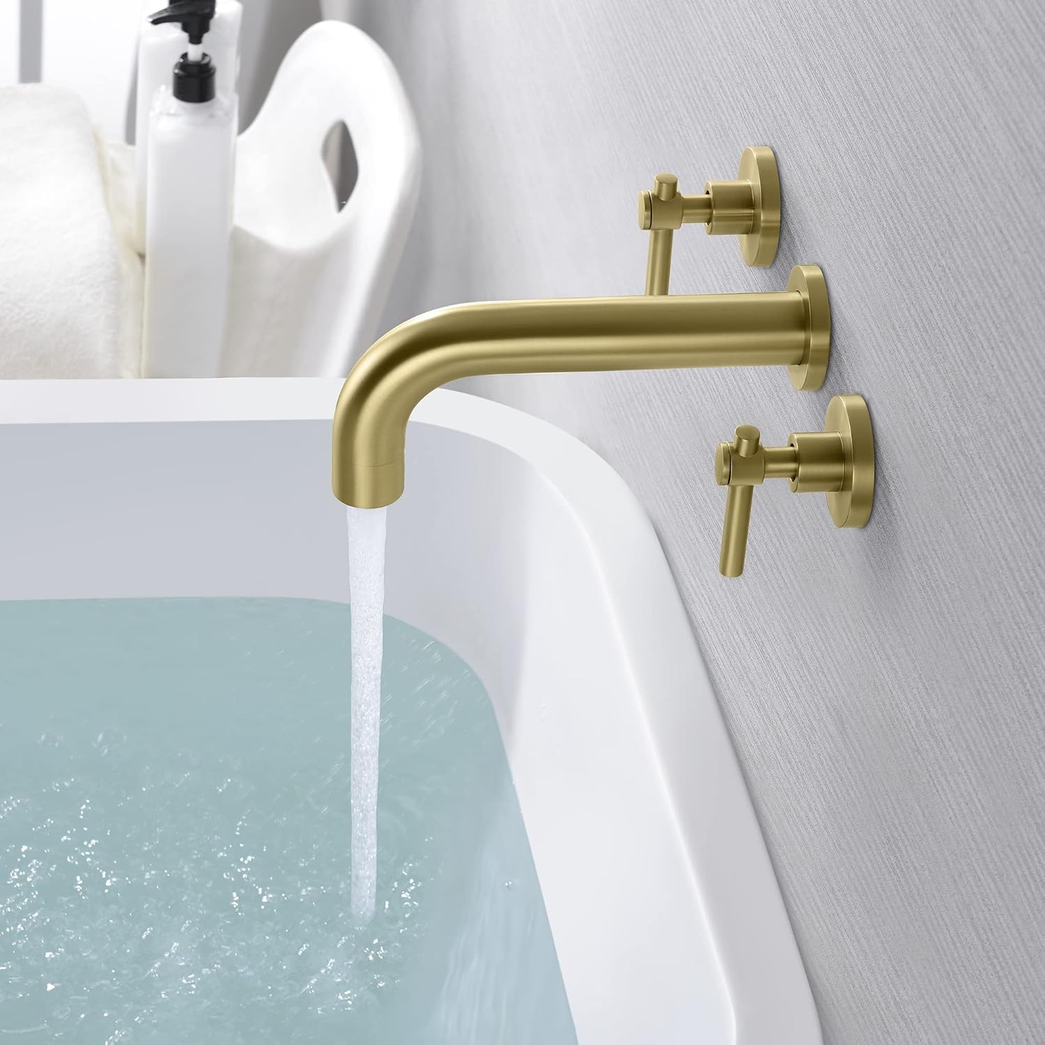 SUMERAIN Wall Mount Tub Faucet Brushed Gold Bathtub Faucet 3 Hole Tub Filler with Rough in Valve