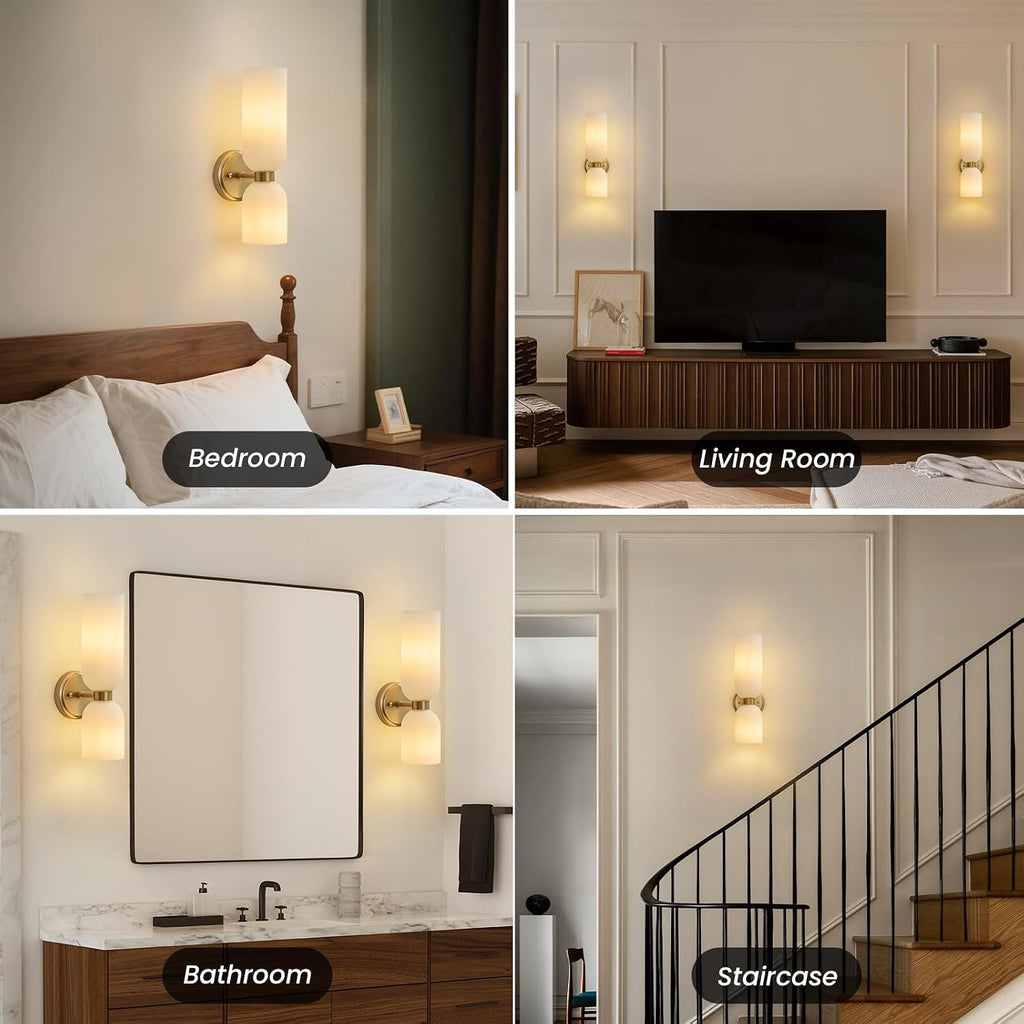 Mid Century Bathroom Wall Sconce - Set of 2 Modern Brushed Gold Brass Sconces - Frosted Milk White Glass Indoor Dimmable Lighting Fixture with Bulb - Double Vanity Lights for Bedroom Living Room Decor