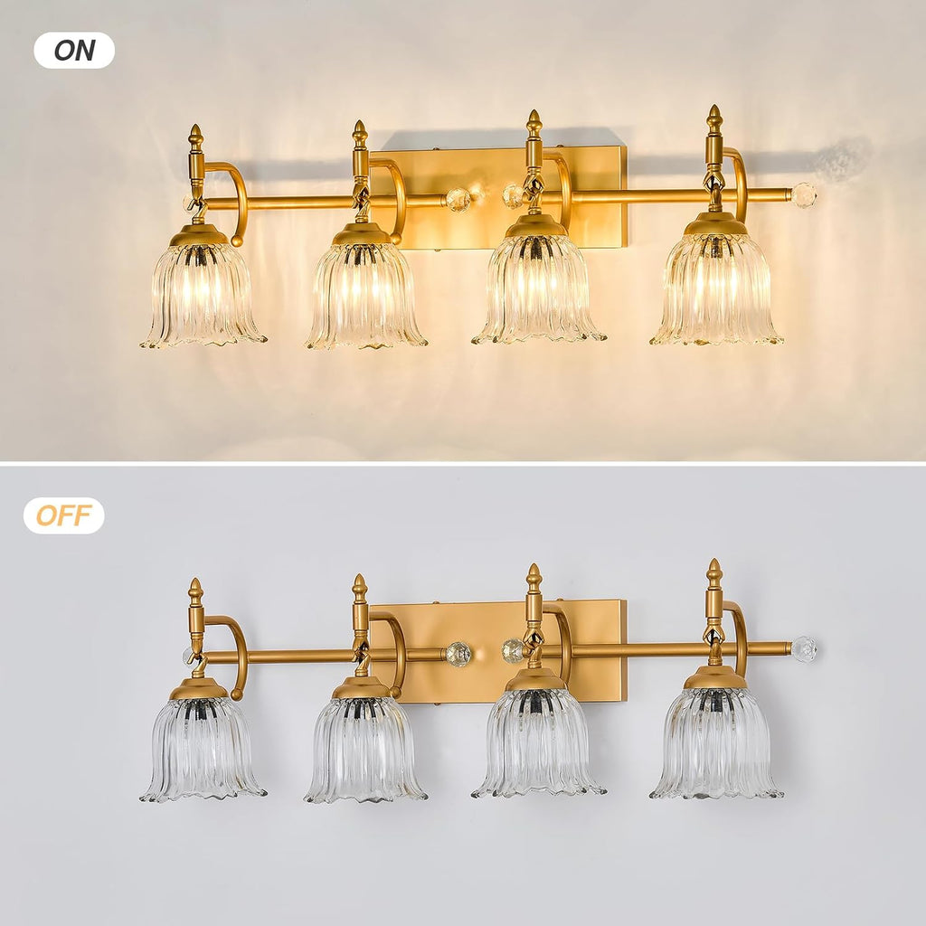 CVKASH 4-Light Bathroom Vanity Light Fixtures Over Mirror,Brushed Gold Modern Vanity Lights with Glass Shade Vintage Wall Sconce for Bedroom Dressing Room Living Room Hallway Cabinet