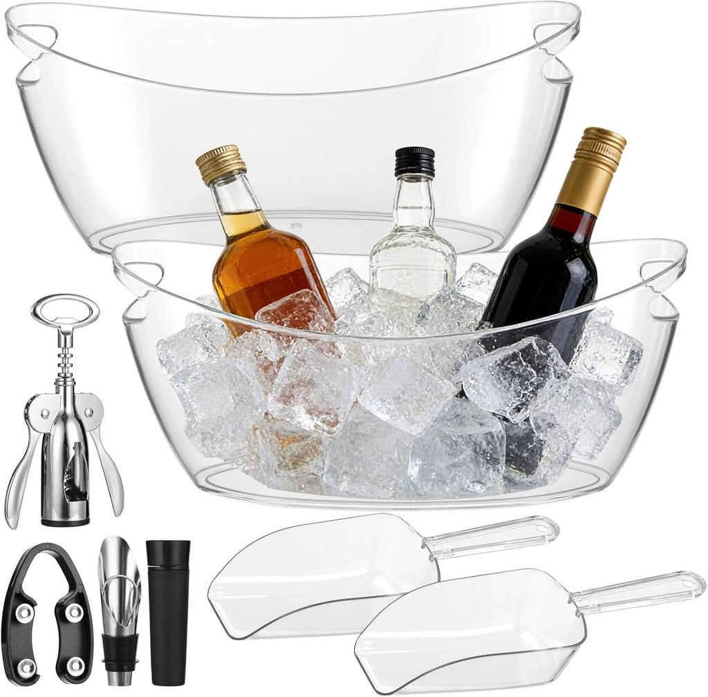 2-Pack Ice Buckets With Ice Shovels, 5.5L, Clear Plastic, Boat Design, Easy-Carry Handle, Beverage Tub Set, Ideal For And Parties