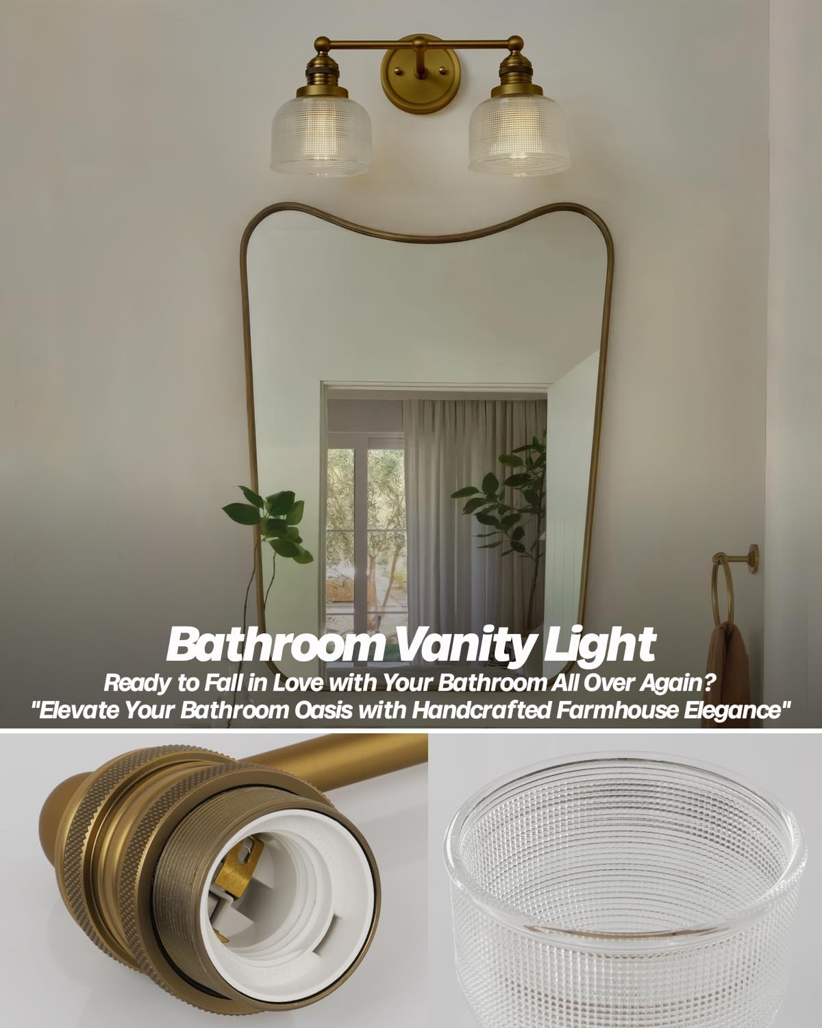 Double Vintage Gold Wall Sconces Antique Brass Bathroom Vanity Light with Clear Corrugated Glass Shade Indoor Hardwire Wall Sconce Lamp Lights for Bathroom Living Room Bedroom Kitchen