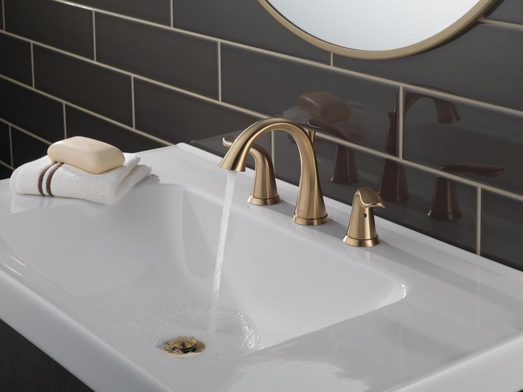 Delta Lahara Brushed Gold Bathroom Faucet 3 Hole, 8 Inch Widespread Bathroom Sink Faucet for Vanity, Metal Push-Pop Drain Assembly, Champagne Bronze 3538-CZMPU-DST
