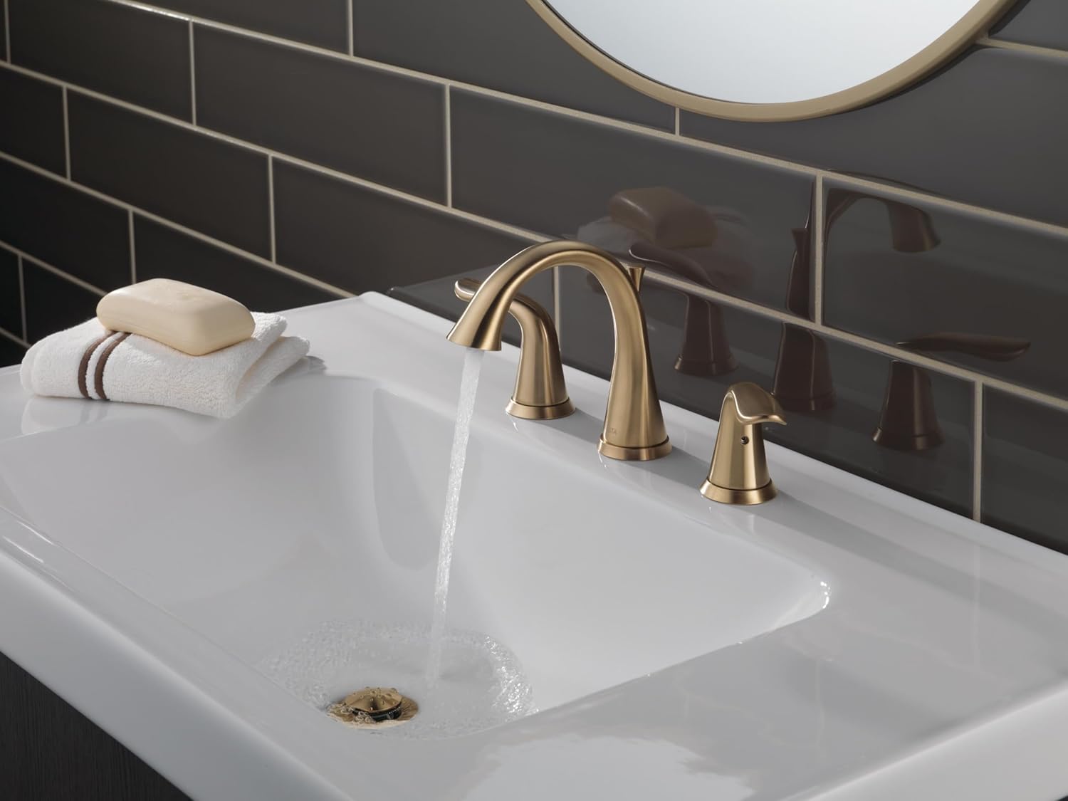 Delta Lahara Brushed Gold Bathroom Faucet 3 Hole, 8 Inch Widespread Bathroom Sink Faucet for Vanity, Metal Push-Pop Drain Assembly, Champagne Bronze 3538-CZMPU-DST