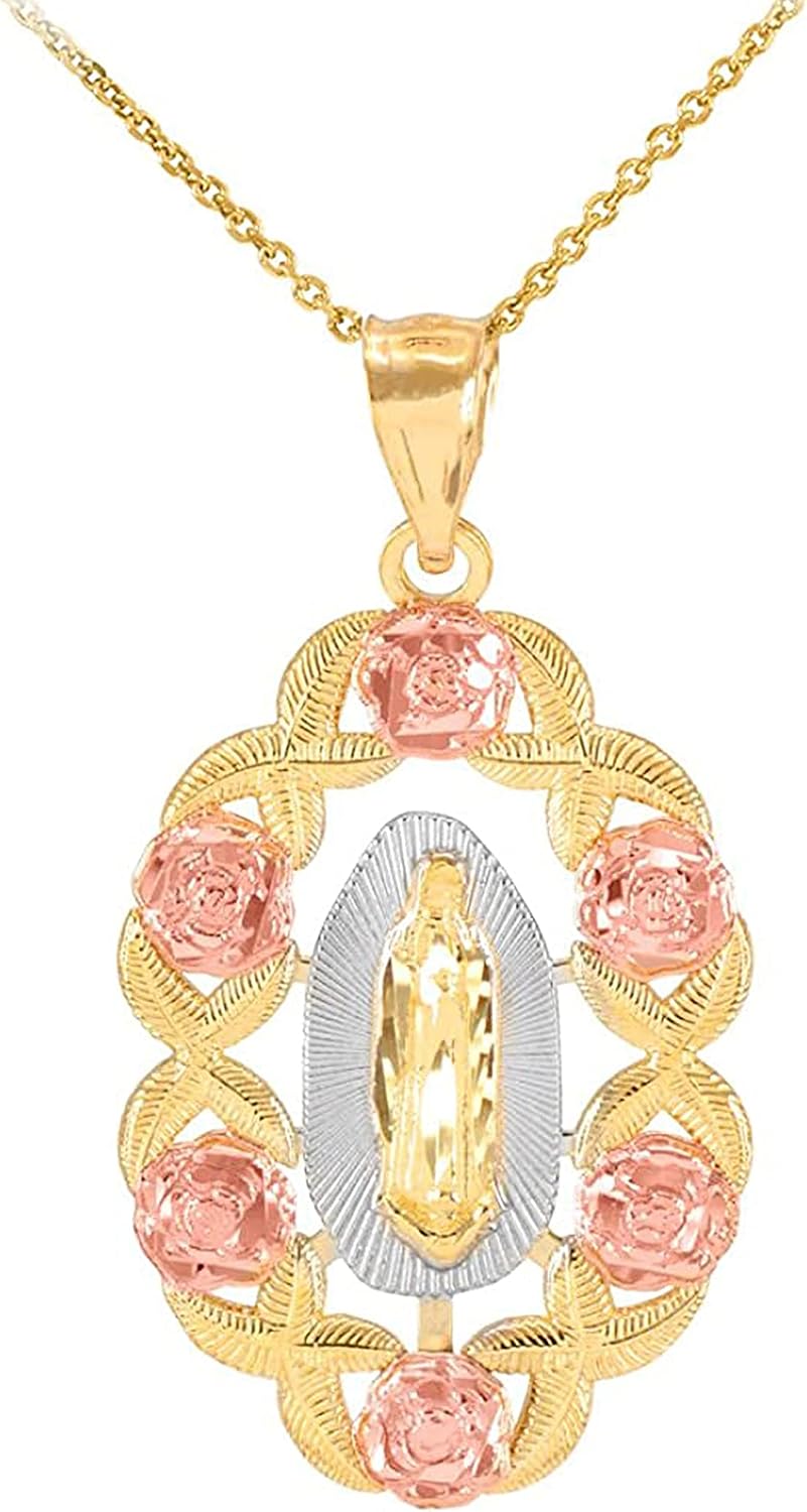 Saint Collection 14K Tri-Color Gold Our Lady of Guadalupe Miraculous Immaculate Conception Catholic Scalloped Oval Pendant Necklace - Choice of Length