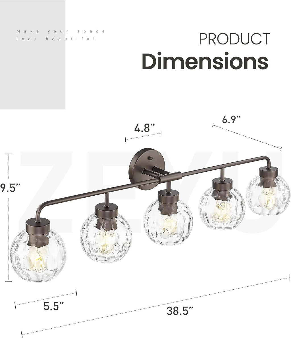 zeyu 38.5 Inch Farmhouse Bathroom Lighting Fixture, 5-Light Bathroom Vanity Light, Oil Rubbed Bronze Finish with Water Ripple Globe Glass, ZS62BG-5W ORB-WG