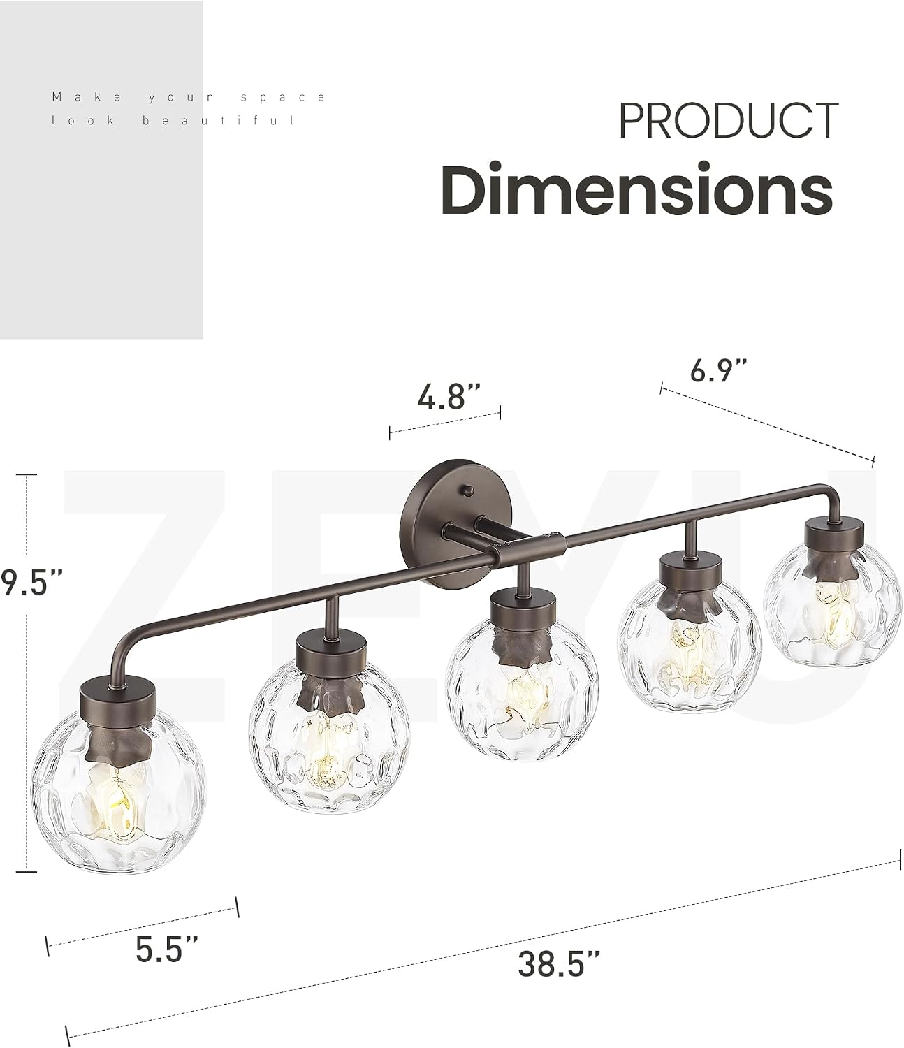 zeyu 38.5 Inch Farmhouse Bathroom Lighting Fixture, 5-Light Bathroom Vanity Light, Oil Rubbed Bronze Finish with Water Ripple Globe Glass, ZS62BG-5W ORB-WG