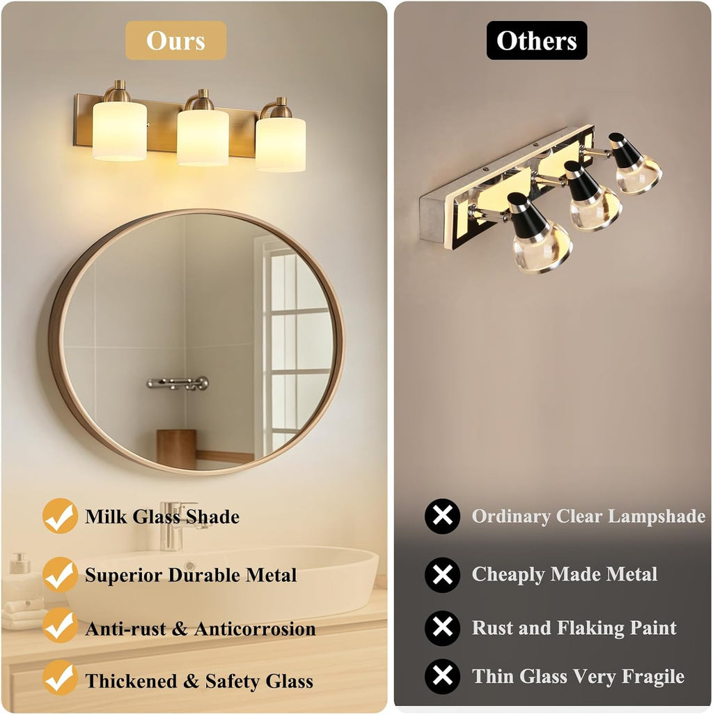 Mecgirn Stainless Steel Milk Glass Vanity Lights for Bathroom, 3 Light Brass Bathroom Light Fixtures Over Mirror, Ceramic E26 Sockets Wall Mounted