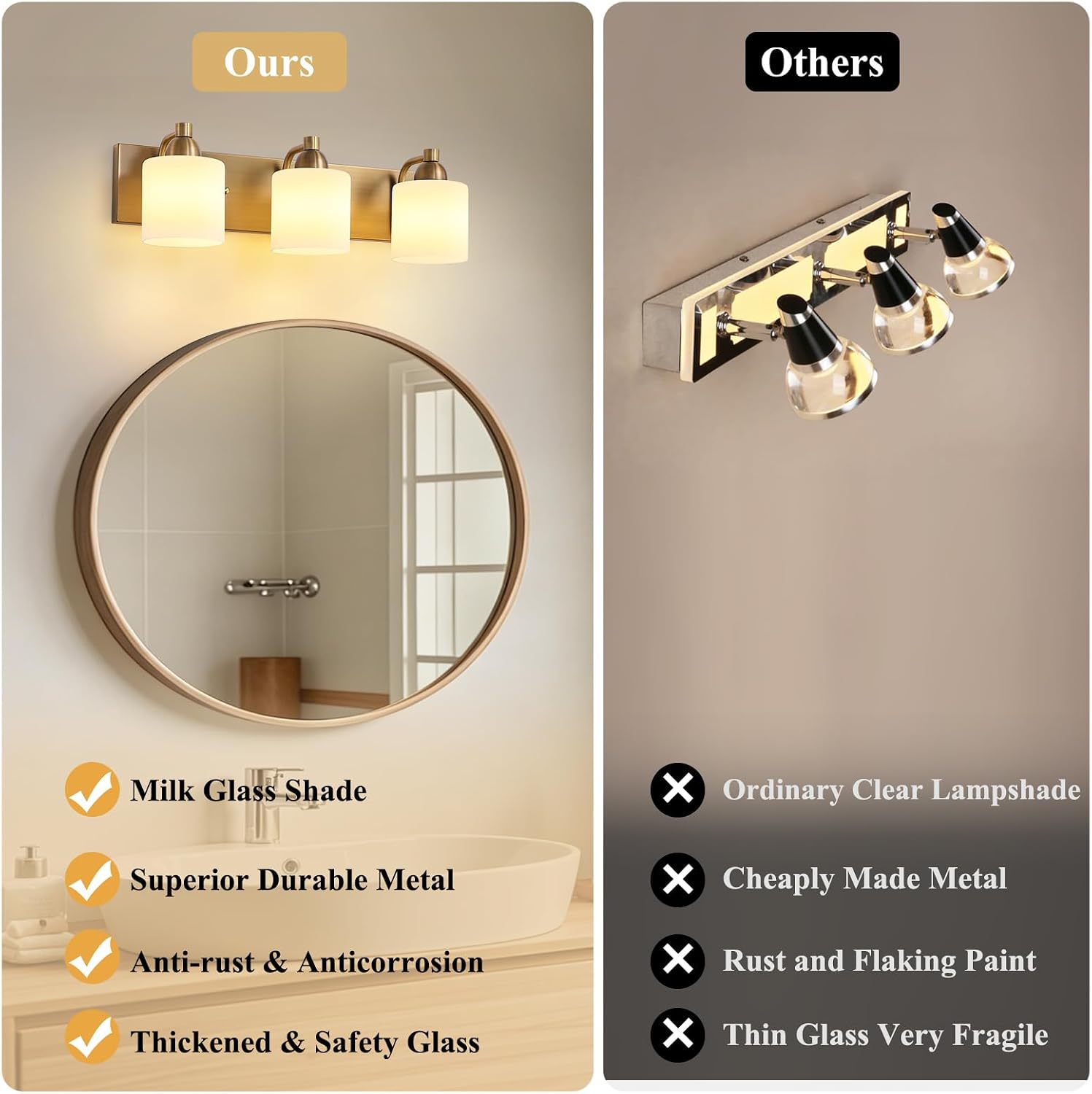 Mecgirn Stainless Steel Milk Glass Vanity Lights for Bathroom, 3 Light Brass Bathroom Light Fixtures Over Mirror, Ceramic E26 Sockets Wall Mounted