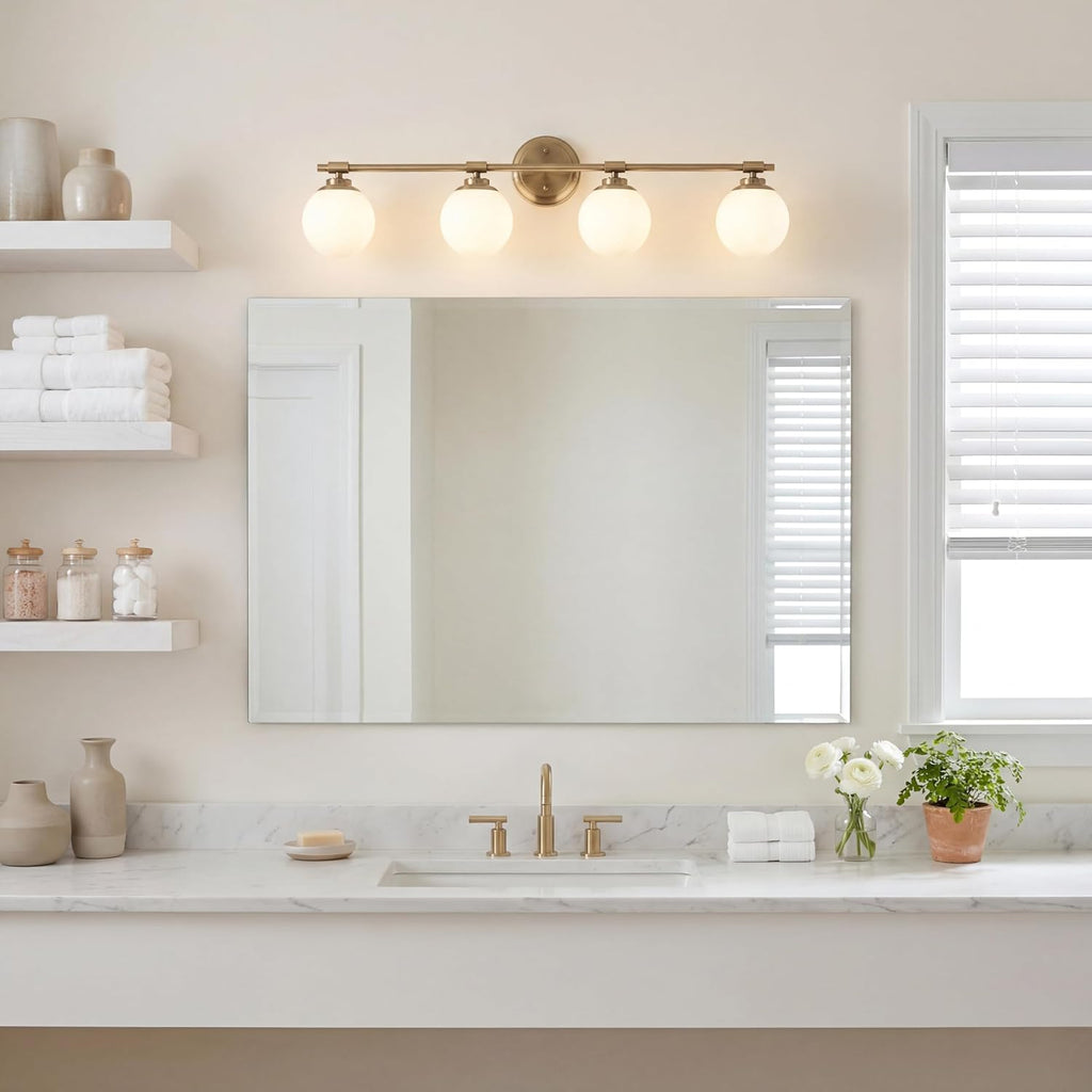 Kichler Benno 4-Light Bathroom Vanity Light Fixture with Opal Glass in Champagne Bronze, Modern Wall Mount Over Mirror for Bathroom or Powder Room (8.75' x 34'), 55173CPZ