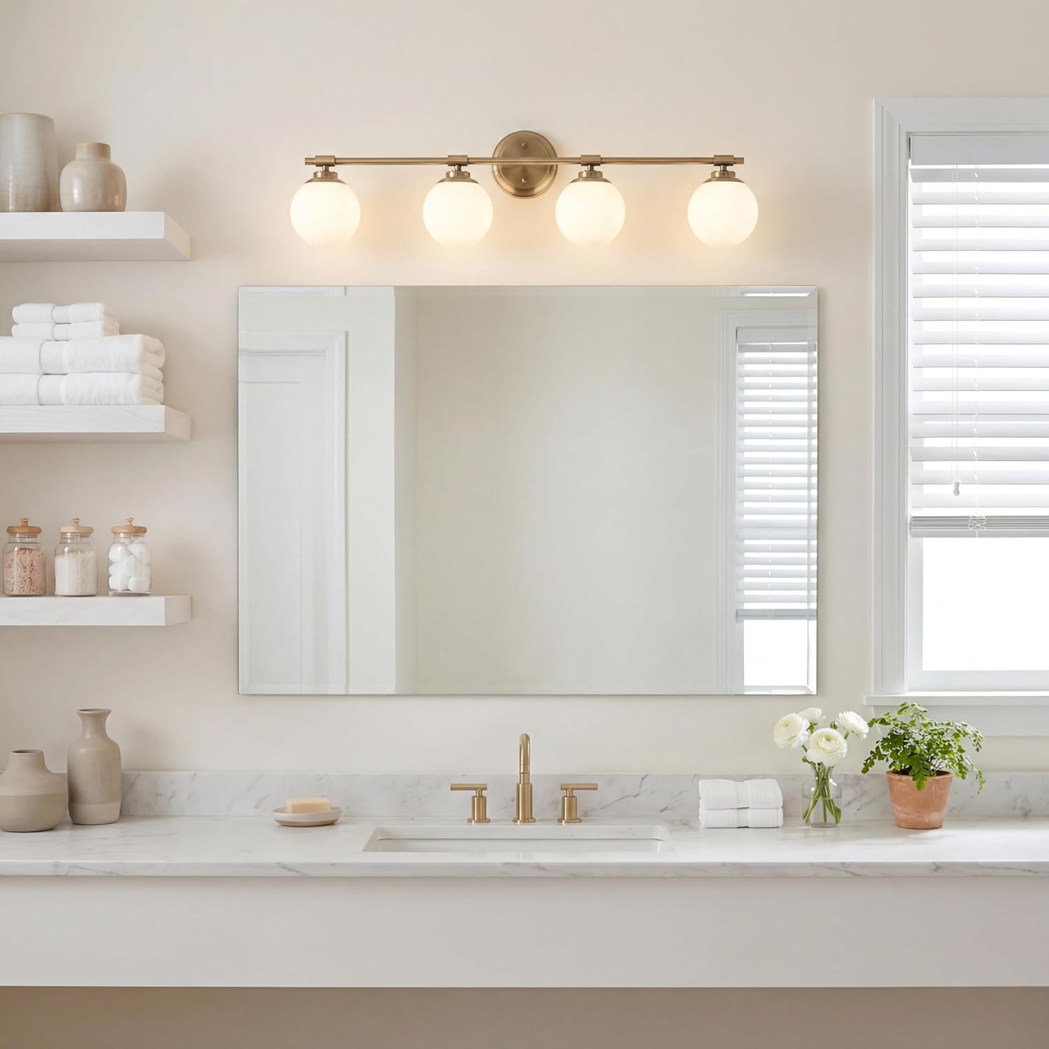 Kichler Benno 4-Light Bathroom Vanity Light Fixture with Opal Glass in Champagne Bronze, Modern Wall Mount Over Mirror for Bathroom or Powder Room (8.75' x 34'), 55173CPZ