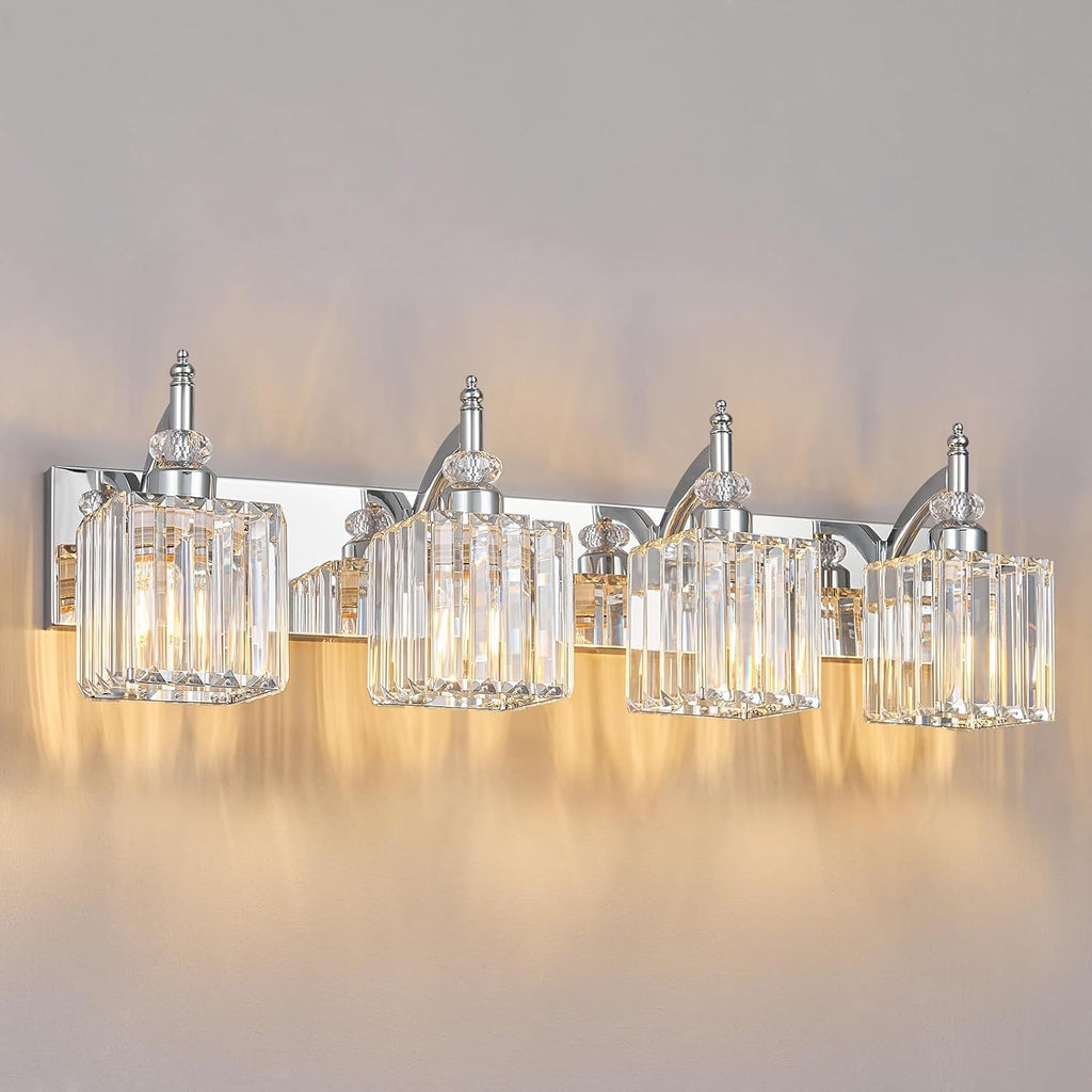 Modern Bathroom Vanity Light 4-Light Chrome Crystal Light Fixtures Over Mirror for Bathroom Wall Sconce