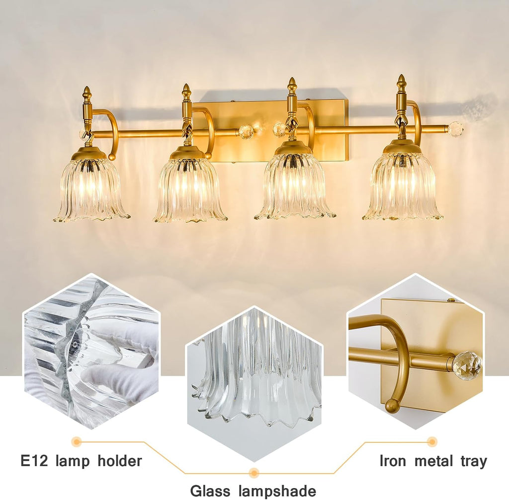 CVKASH 4-Light Bathroom Vanity Light Fixtures Over Mirror,Brushed Gold Modern Vanity Lights with Glass Shade Vintage Wall Sconce for Bedroom Dressing Room Living Room Hallway Cabinet