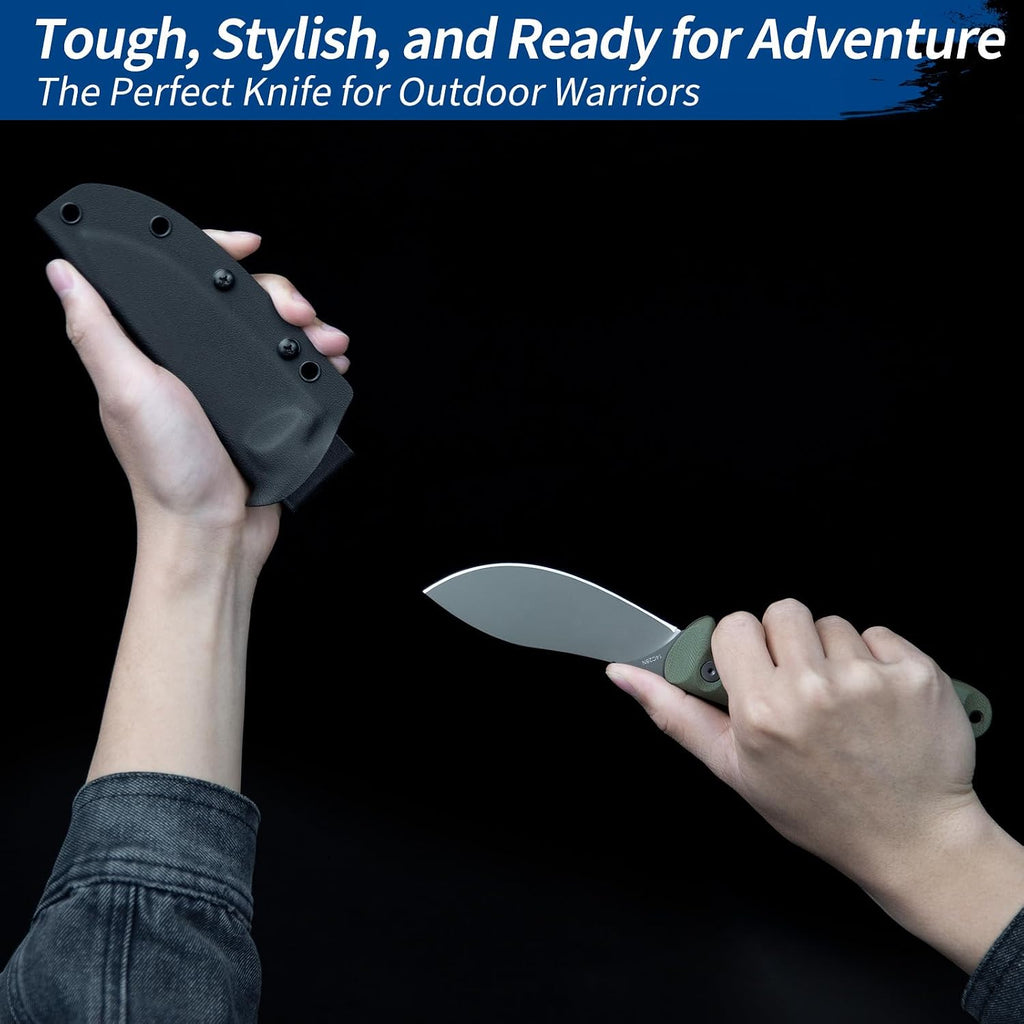 FINTISO Nazar Fixed Blade Knife with Kydex Sheath, 4.24' 14C28N Blade Olive G10 Handles, Titanium-coated, Full Tang Design, Lanyard, for Men Outdoor Activities, Camping, Hiking, EDC Carry.