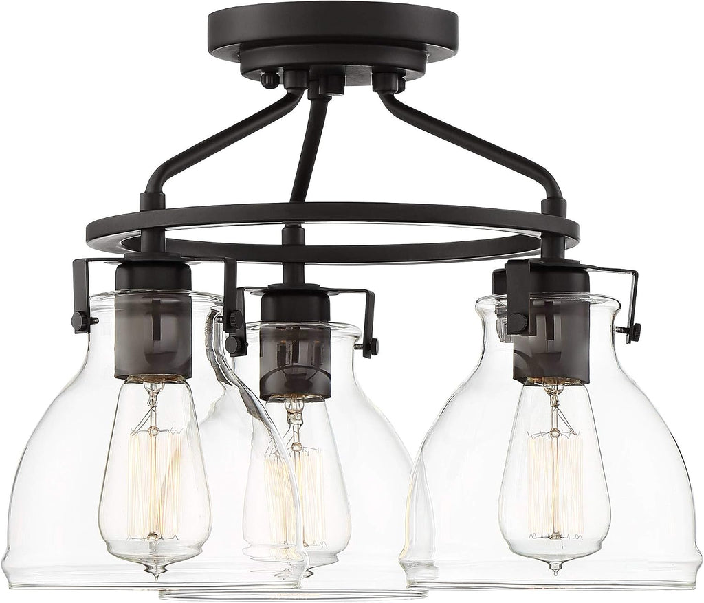 Possini Euro Design Bellis Industrial Rustic Farmhouse Ceiling Light Semi Flush-Mount Fixture 14 1/2' Wide Bronze 3-Light Clear Glass Shade for Bedroom Kitchen Living Room Hallway Dining Room House