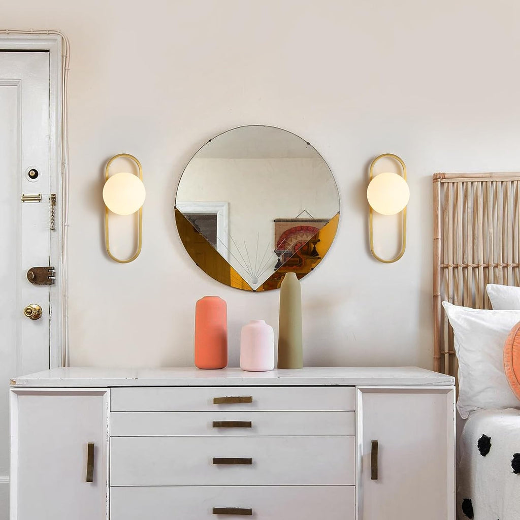 Wall Sconces Set of Two Brushed Gold Wall Lamp Sconces Wall Lighting with White Globe Glass Shade Wall Lights Sconces Wall Decor Set of 2 Wall Lights for Living Room Wall Lamps for Bedrooms Set of 2