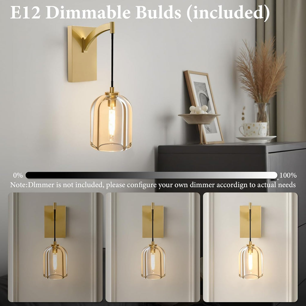 Crystal Brass Hemisphere Wall Sconce - Gold Brushed Dimmable Sconces with Bulbs - Modern Hanging Light Decor - Luxury Indoor Lighting Fixture for Bedroom Living Room Bathroom Vanity Hallway