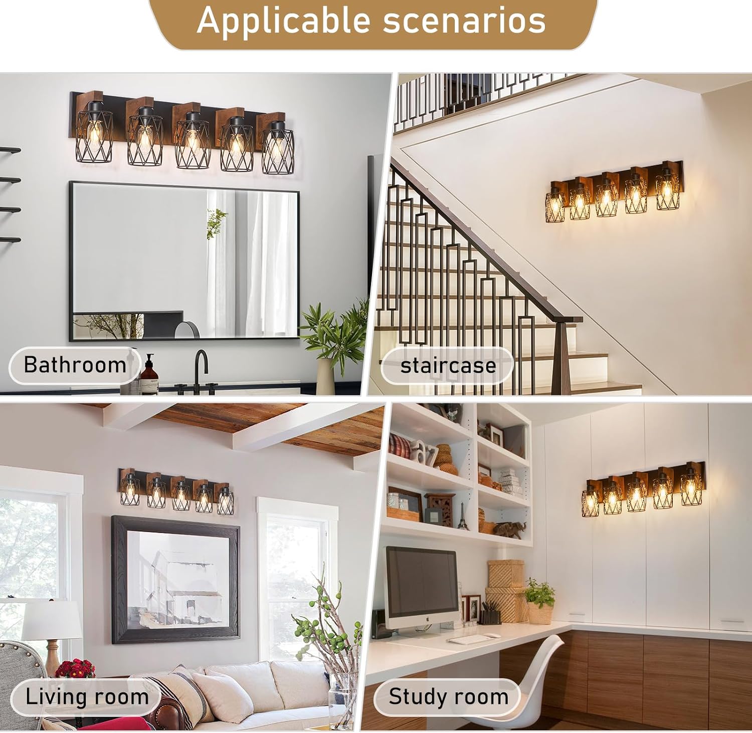 5-Light Farmhouse Bathroom Vanity Light, Wood Bathroom Lighting Fixtures Over Mirror, Black Vanity Light Fixtures with Cage Metal Shade, Rustic Bathroom Light with E26 Base