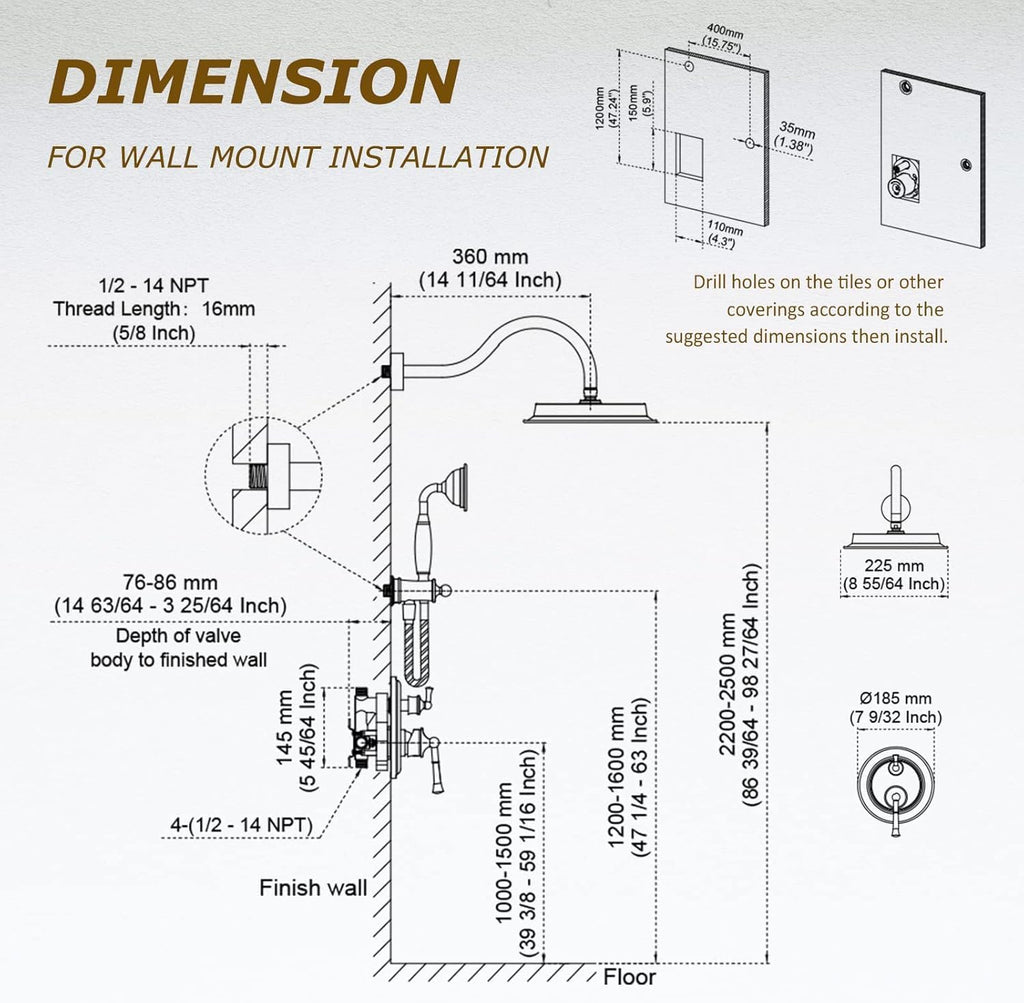 Rain Shower Head with Handheld Spray, Rainfall Shower System with Rough-in Valve, Shower Faucet Set with Pressure Balance Valve, 9 Inch Luxury Shower Trim Kit Wall Mount, Brushed Nickel