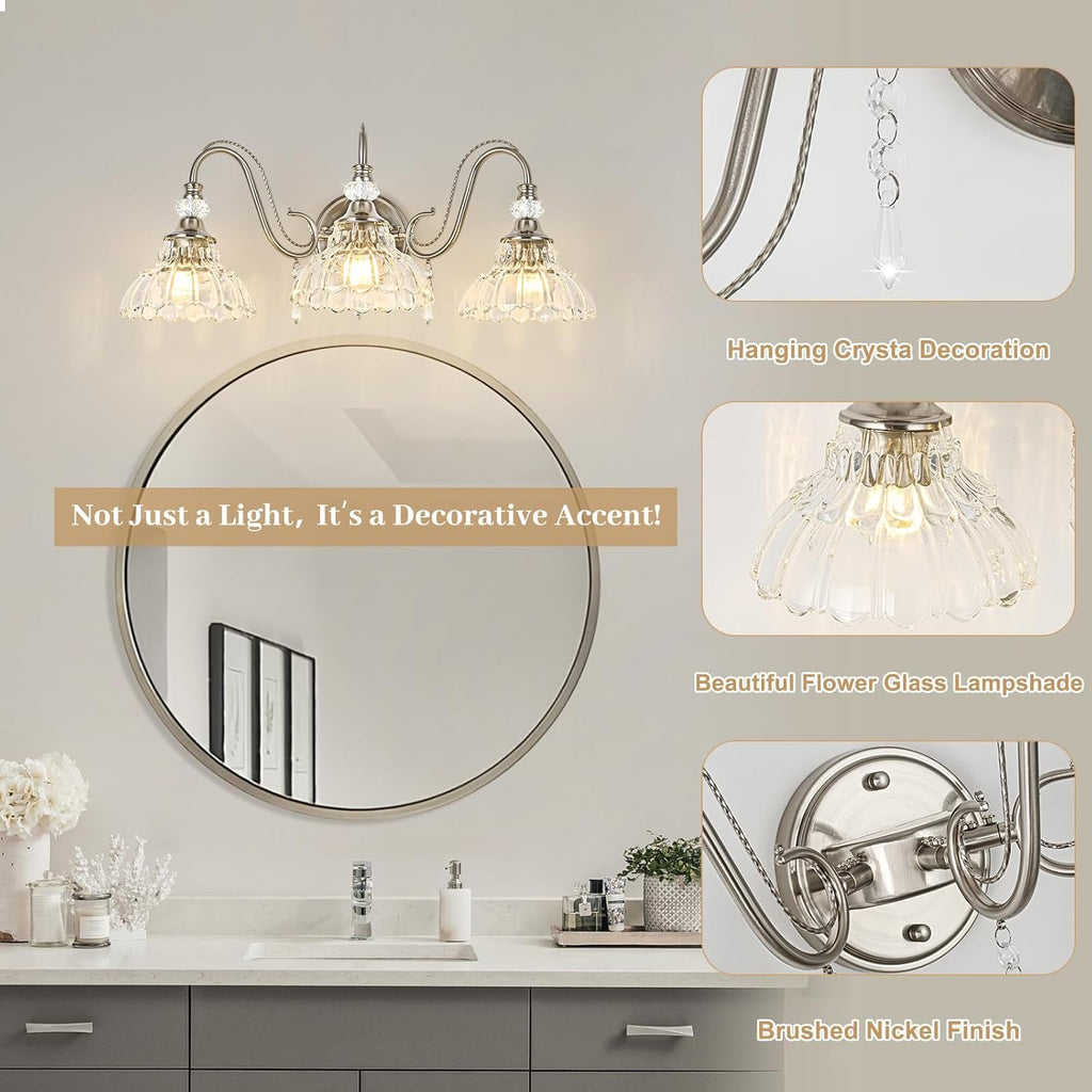 Brushed Nickel Bathroom Vanity Light, 3-Light Nickel Finish Wall Sconce with Hanging Crystal Accents and Flower-Shaped Clear Glass Shades, Modern Wall Mount Vanity Light Over Mirror for Bathroom