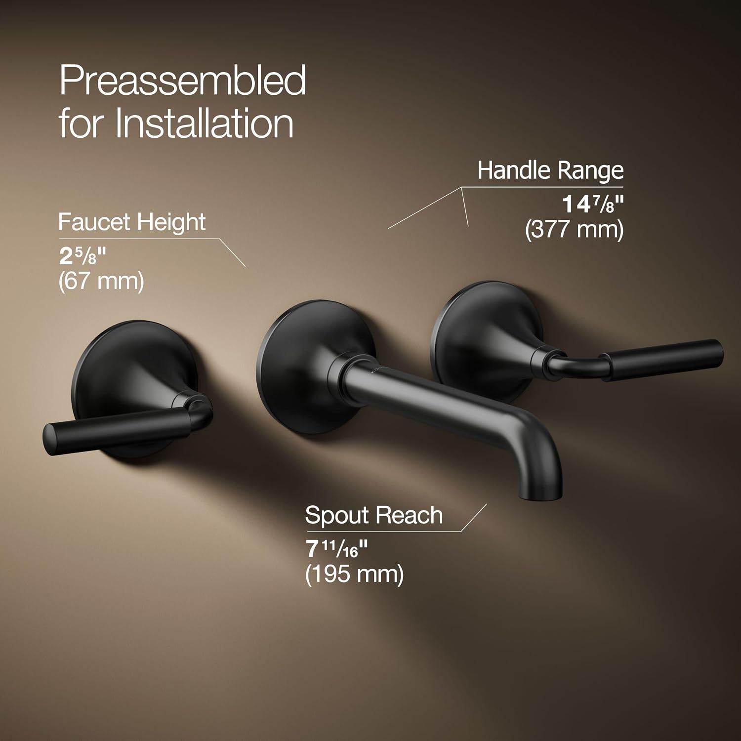Kohler T26439-4-BL Tone Wall-Mount Bathroom Sink Faucet Set, Bathroom Faucet with Two Lever Handles, Matte Black