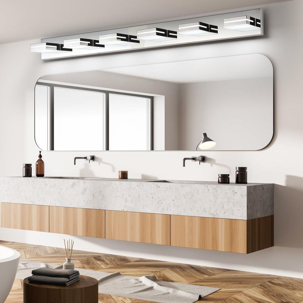 SineRise LED Modern Bathroom Vanity Light Fixtures (6-Light, 48-Inch, Dimmable), Chrome Modern Acrylic Bathroom Wall Lighting Fixtures Over Mirror (Cool White 6000K)