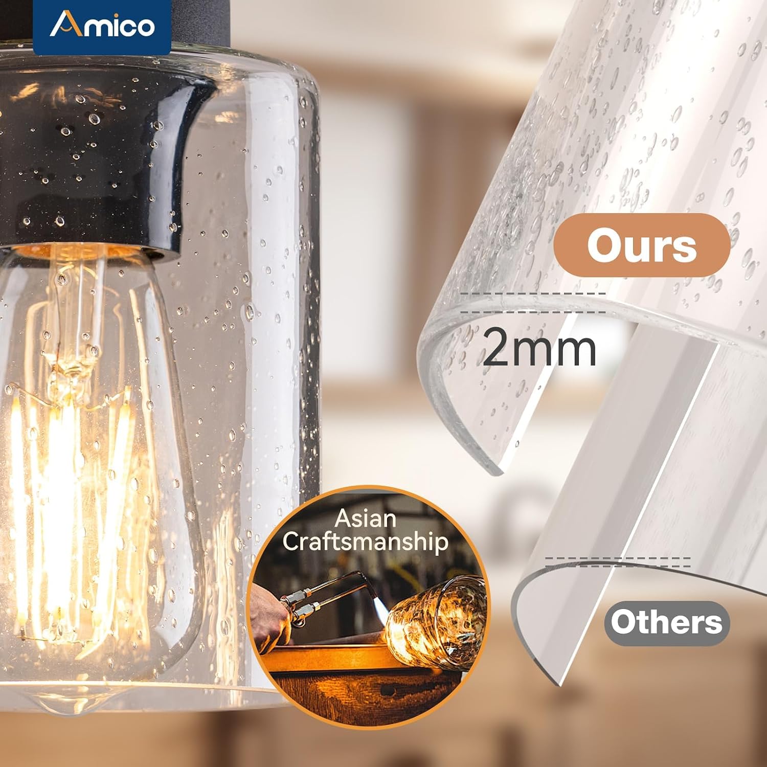 Amico Farmhouse Bathroom Vanity Light Fixtures,Rustic 6-Light Industrial Painted Wood Lights,Vintage Black Wall Sconces Bathroom Vanity Lighting with Bubble Glass Shade