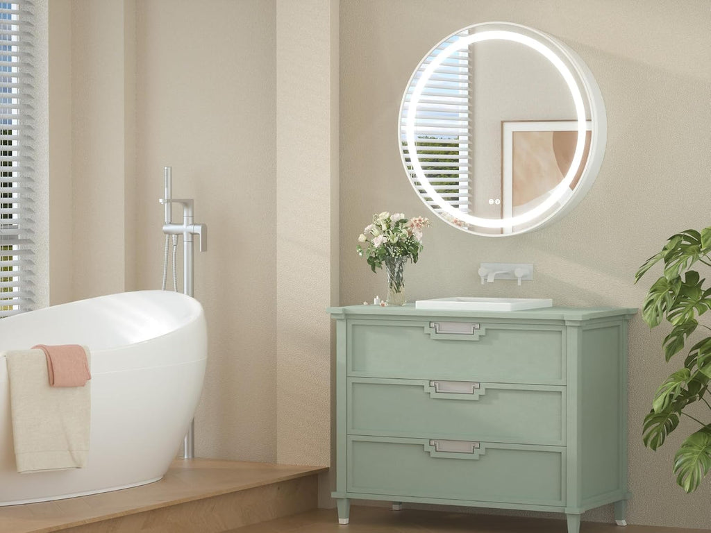 Keonjinn 30 Inch Round Lighted Medicine Cabinet, White LED Medicine Cabinet Mirror, Circle, Electrical Outlet, 3 Color Lights, Anti-Fog, Dimmable, Surface Mount Only