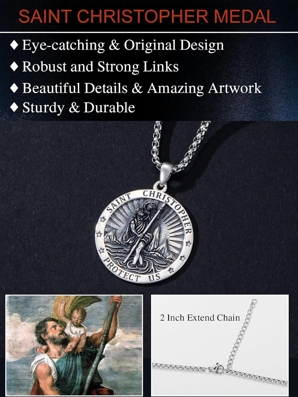 Seiyang St Christopher Medal for Men 925 Sterling Silver Round & Oval St Christopher Pendant Mens Double Sided Saint Christopher Medallion Necklace Protection Jewelry Religious Gifts for Men Women