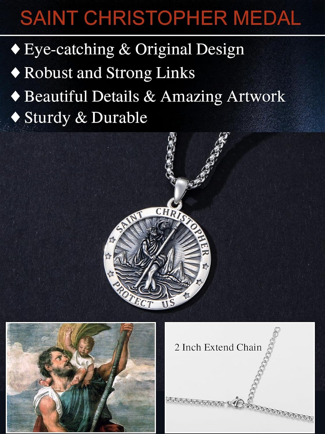 Seiyang St Christopher Medal for Men 925 Sterling Silver Round & Oval St Christopher Pendant Mens Double Sided Saint Christopher Medallion Necklace Protection Jewelry Religious Gifts for Men Women