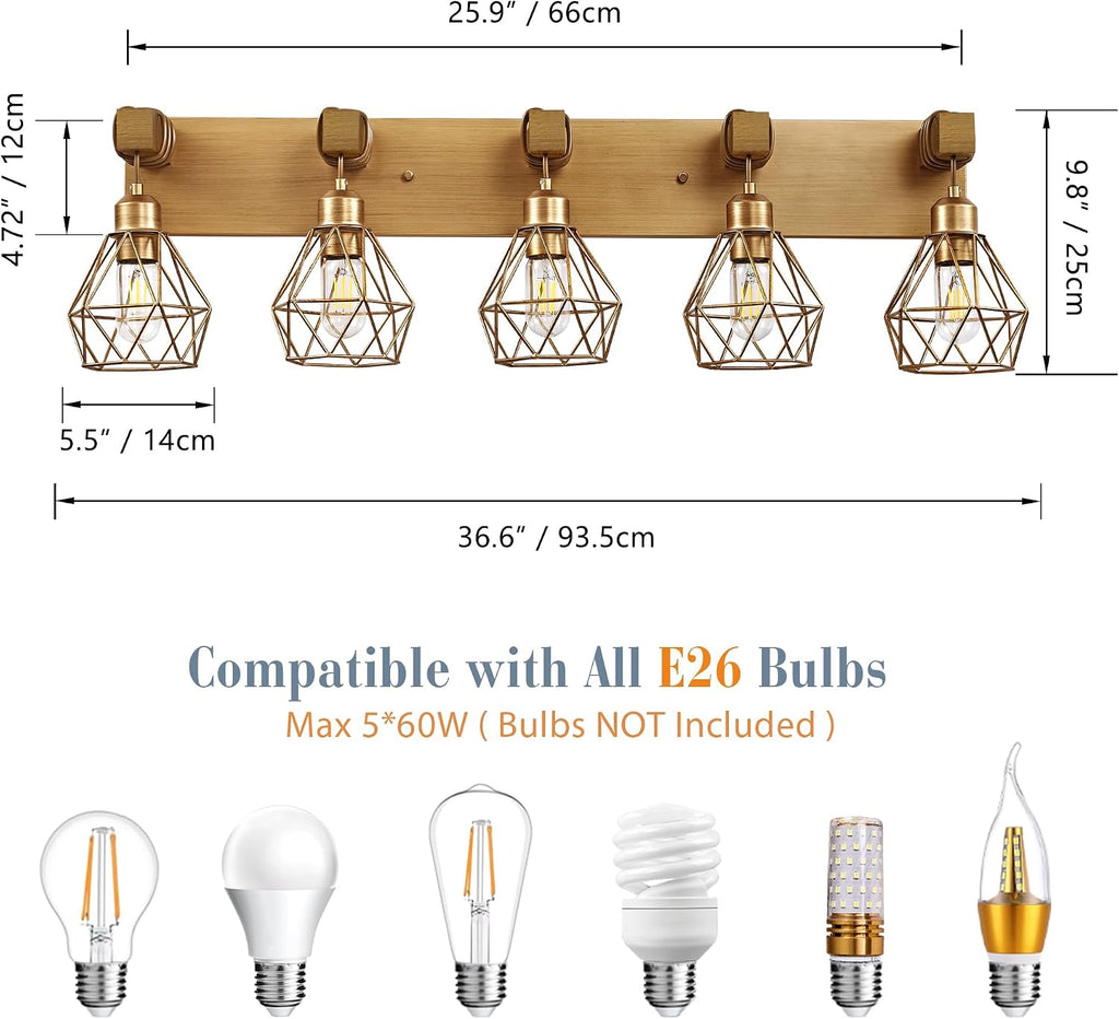 VbiTmn Farmhouse Bathroom Light Fixtures, 5-Light Gold Bathroom Vanity Light, Rustic Matte Antique Brass Finish with Metal Lampshade, Wall Sconces for Bedroom, Living Room, Hallway