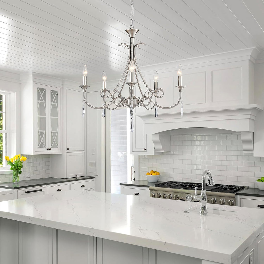 5-Light Farmhouse Chandeliers for Dining Room Lighting Fixtures Hanging, Rustic Candle Modern Chandelier Vintage Hanging Ceiling Lamp for Bedroom Kitchen Island Living Room Entryway Foyer, Nickel