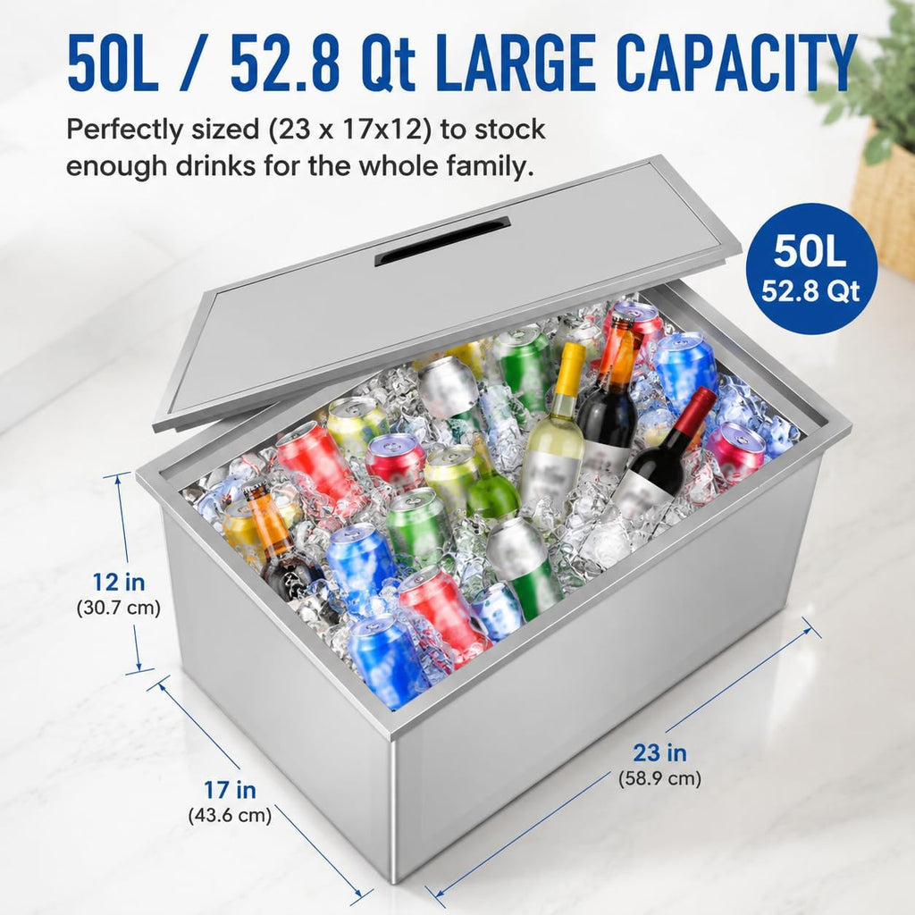 Drop-in Ice Chest, Stainless Steel Ice Cooler, Freestanding Ice Chest Outdoor Kitchen, Double-Walled & Built-in Foa, Foam Cooler With Lid, for Wine, Beer, Whiskey, Beer, Silver (23*17*12 in)