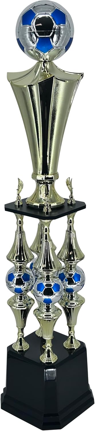 Express Medals Deluxe Soccer Championship Trophy, 41-Inch Gold Tower with Silver Blue Ball Accents, 4-Tier Design