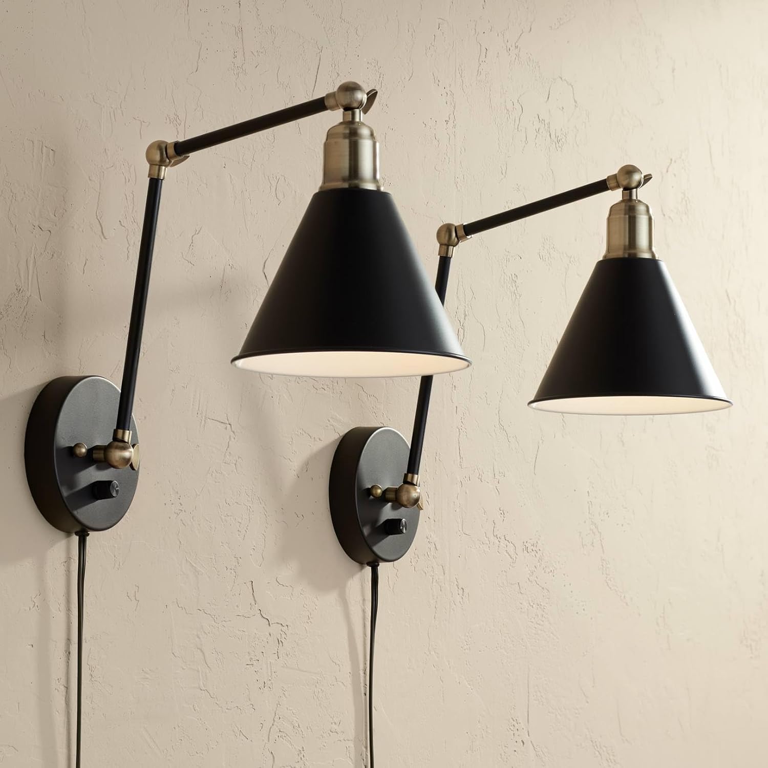 360 Lighting Wray Modern Indoor Adjustable Swing Arm Wall Lamp with Cord Set of 2 Black Antique Brass Plug-in Light Fixture Dimmable Metal Shade for Bedroom Bedside House Reading Living Room