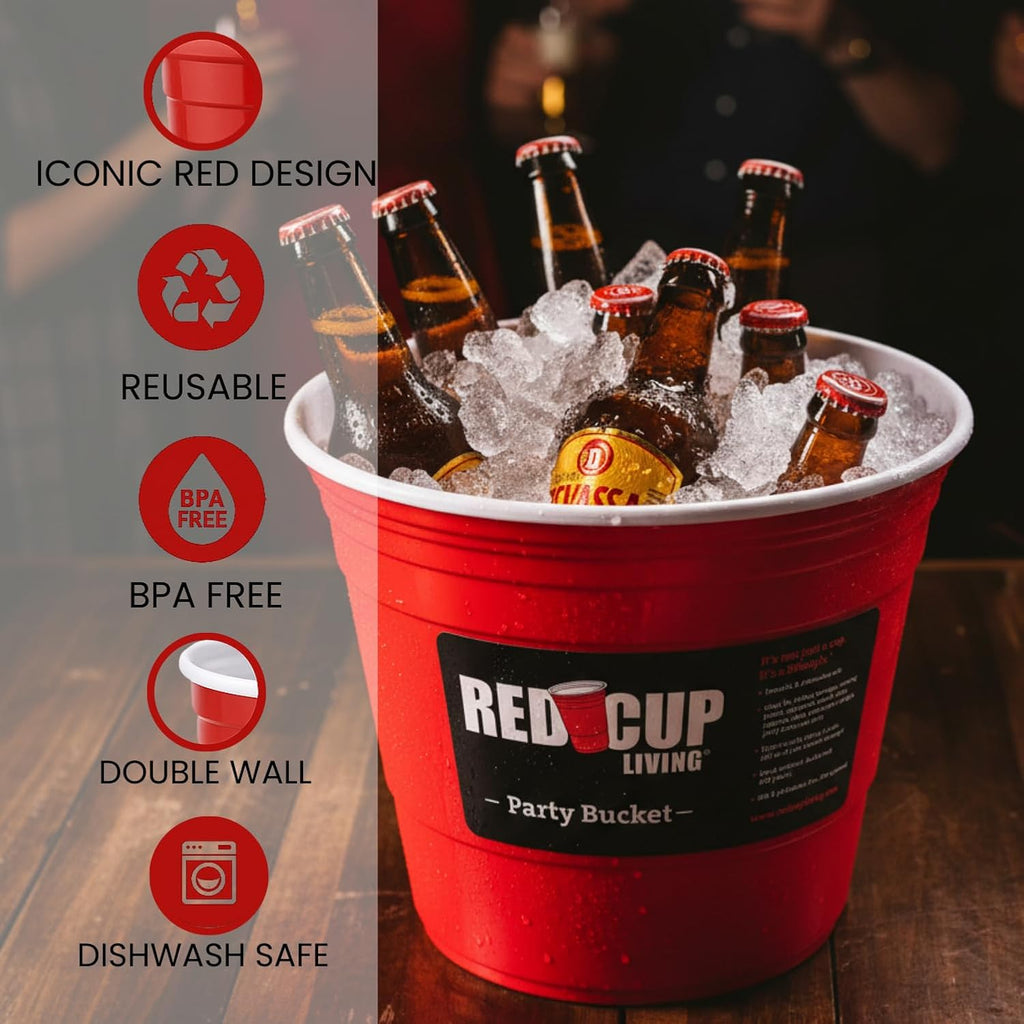 Red Cup Living Large Party Ice Bucket, 201 oz Insulated Drink Cooler for Parties, Bar & Kitchen, Durable Plastic Beer, Wine & Champagne Beverage Tub for Holiday (12)
