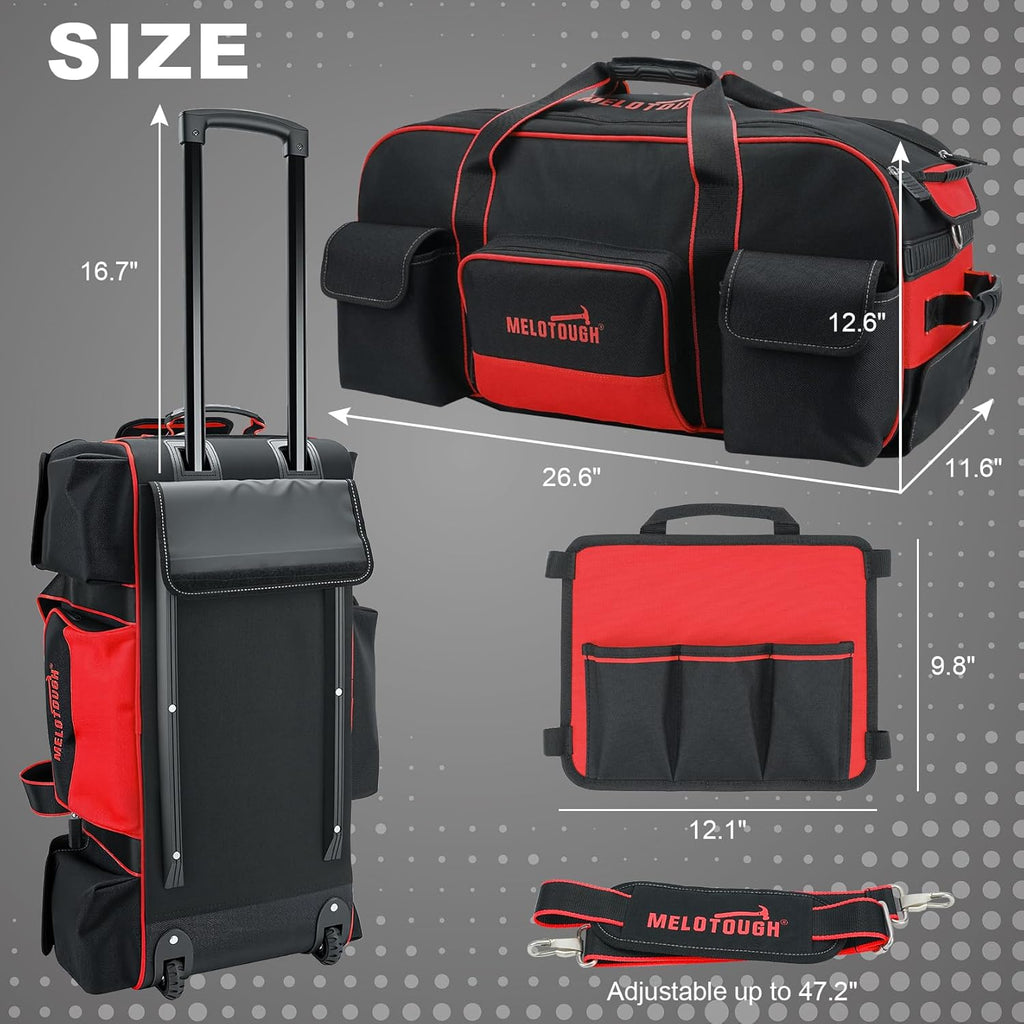 MELOTOUGH Heavy Duty Framing Nail Gun Tool Bag with Extra Storage Pockets Shoulder Strap, Rolling Tool Bag with Wheels with Concealed Telescoping Handle for Electrician,Construction,HVAC,Technician