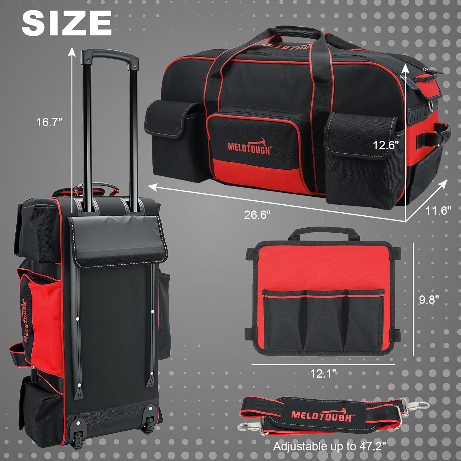 MELOTOUGH Heavy Duty Framing Nail Gun Tool Bag with Extra Storage Pockets Shoulder Strap, Rolling Tool Bag with Wheels with Concealed Telescoping Handle for Electrician,Construction,HVAC,Technician