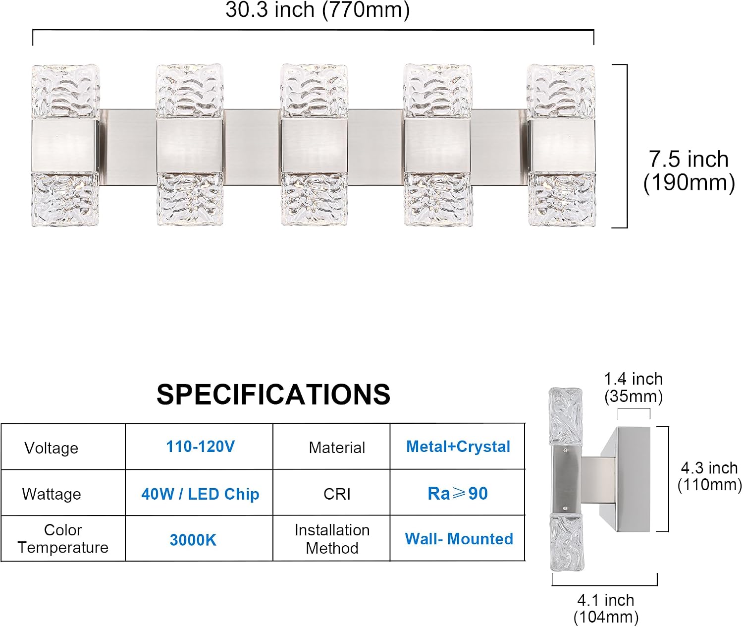 MELUCEE 30.3 in LED Bathroom Lighting Fixtures Dimmable 40W LED Vanity Light Brushed Nickel Modern Bathroom Light Bar Crystal Wall Sconce for Bath Restroom Powder Room, 3000K Warm Lighting