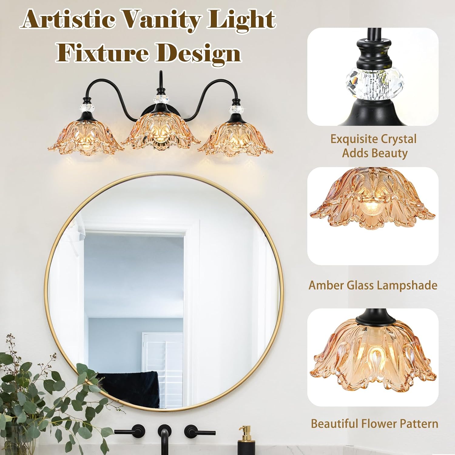 Black Bathroom Vanity Light,3-Light Vanity Light with Floral Amber Glass Shades,Vintage Farmhouse Wall Mount Lighting for Bathroom, Dressing Table