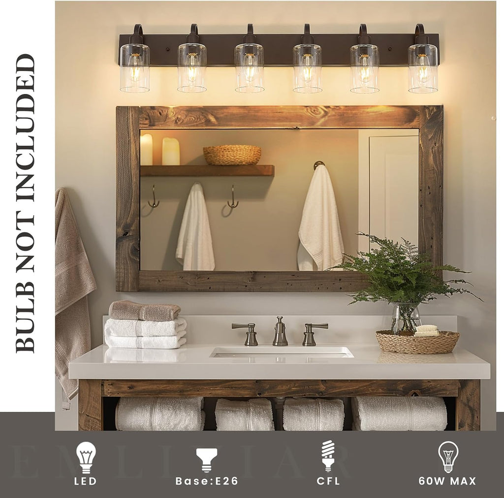 Emliviar 44.7 Inch Large Vanity Light for Bathroom, 6 Light Farmhouse Sconces Wall Lighting Over Mirror with Clear Glass, Oil Rubbed Bronze Finish, YCE237B-6W ORB