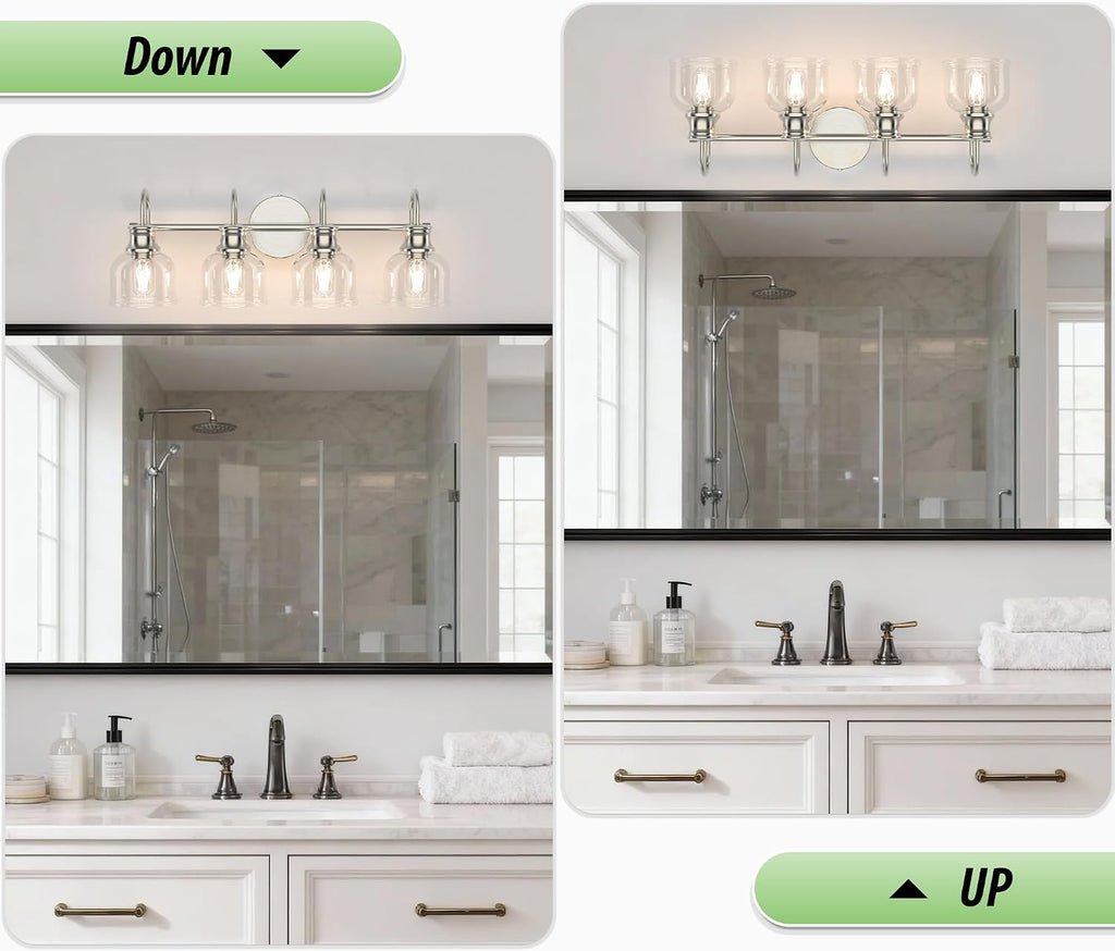 4 Lights Bathroom Vanity Light Fixtures, Brushed Nickel Traditional Classic Vanity Light with Clear Glass, Bathroom Lighting Fixtures Over Mirror
