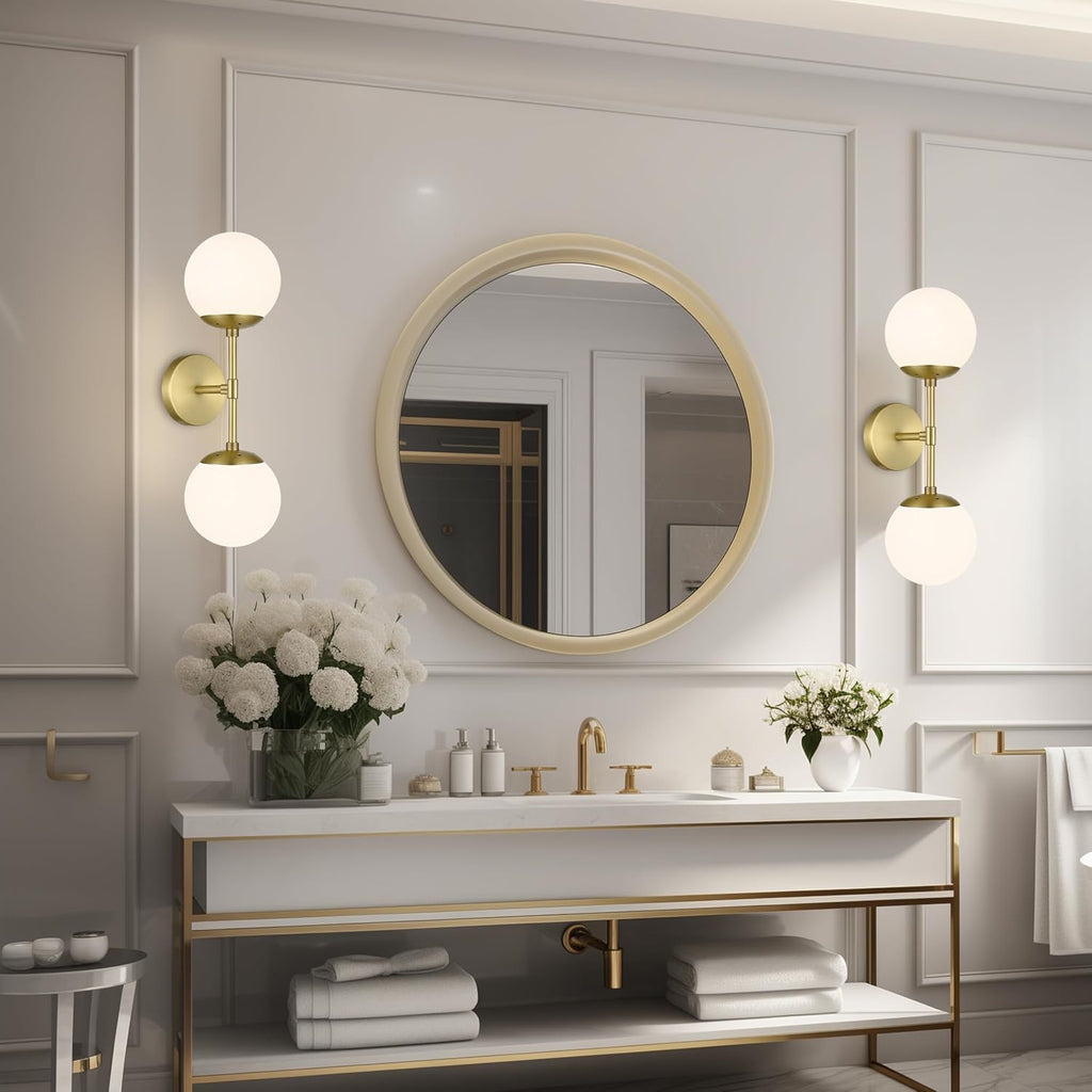 KoKo&Yukina 2 Pack Gold Vanity Light Fixtures Mid Century Modern Bathroom Vanity Light with Milky White Glass Globe Sconce Lights Fixture Vanity Lights for Bathroom (Bulb Include)