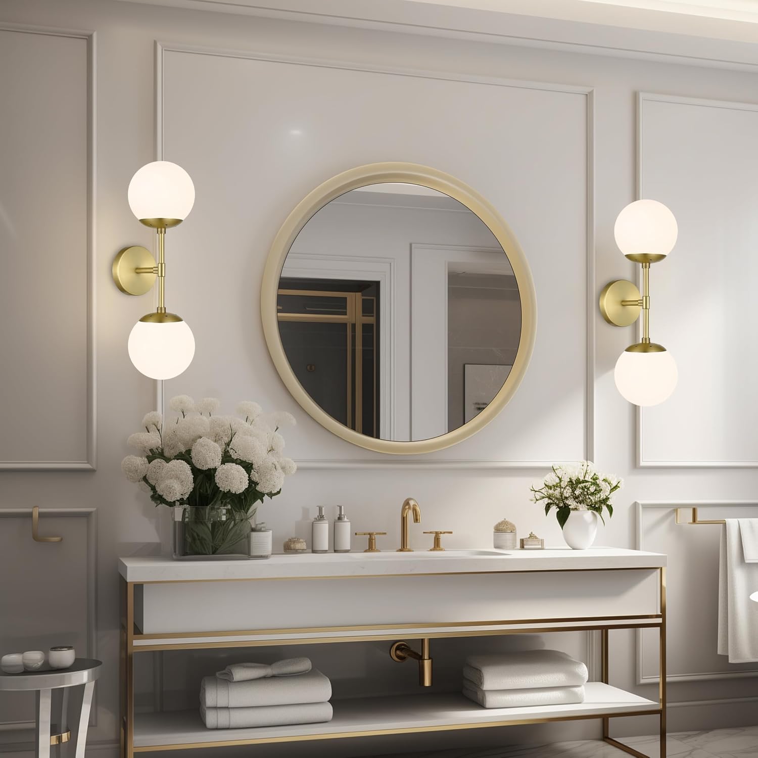 KoKo&Yukina 2 Pack Gold Vanity Light Fixtures Mid Century Modern Bathroom Vanity Light with Milky White Glass Globe Sconce Lights Fixture Vanity Lights for Bathroom (Bulb Include)