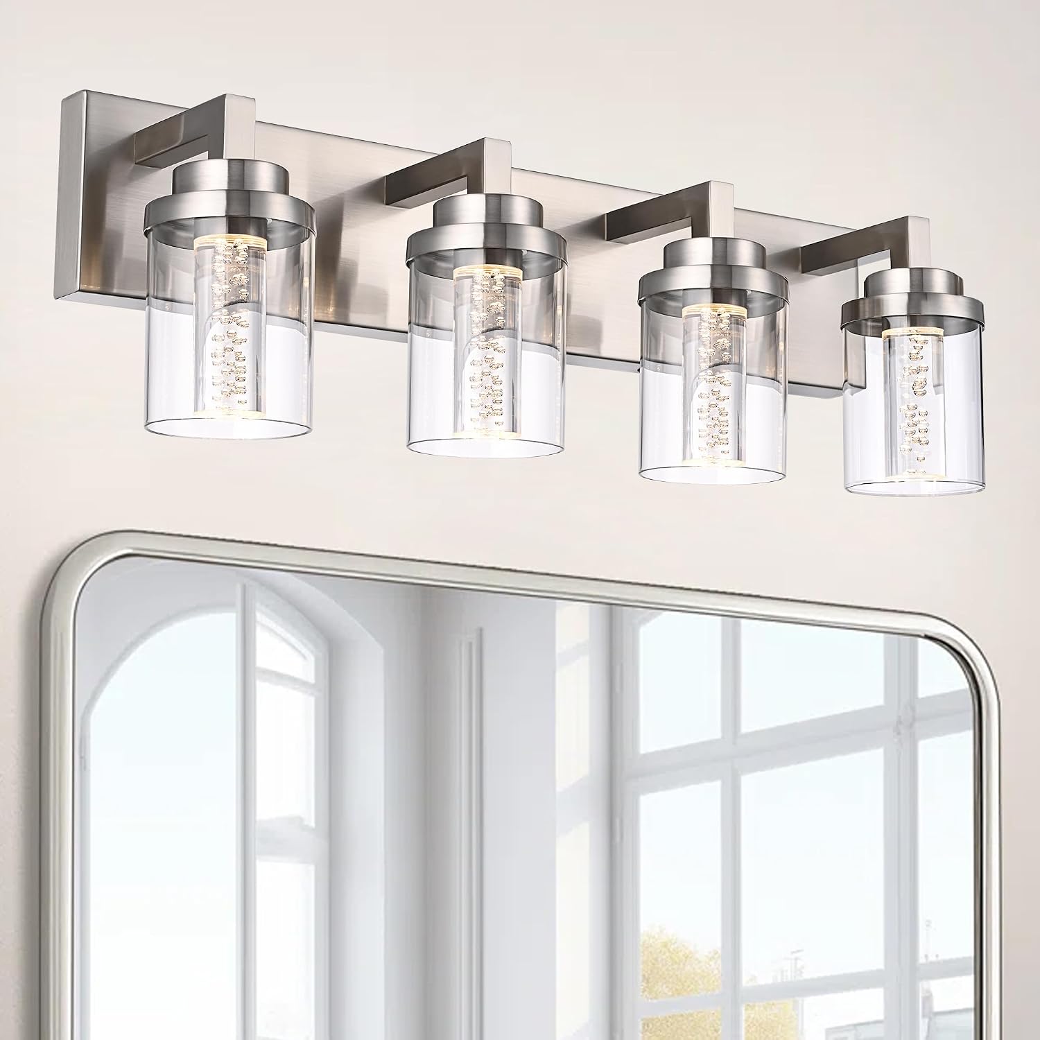 MELUCEE 4-Light Bathroom Lighting Fixtures Brushed Nickel, Dimmable LED Vanity Light for Bathroom 5CCT Bubble Crystal Bath Wall Lights with Clear Glass Shade, Built-in Led Chips