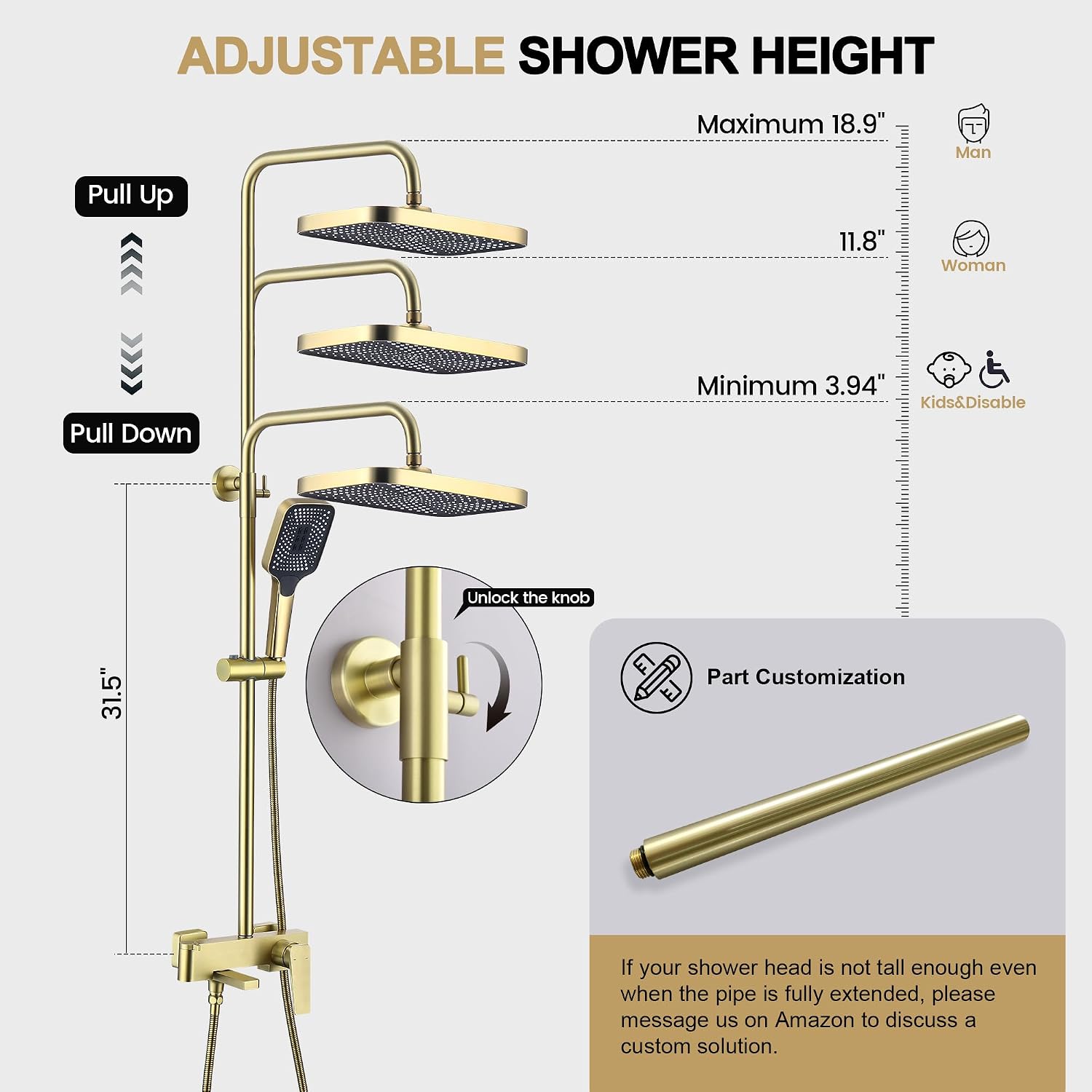 Shower Systems with 12 x8 Inches Rain Shower Head,Brushed Gold Exposed Pipe Shower System,3 Functions Tub Shower Faucet Sets,Overhead Shower System with Handheld