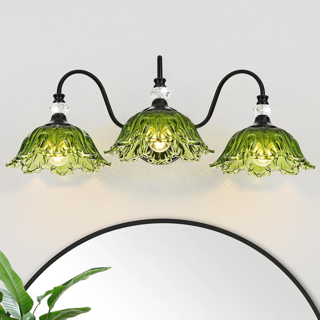 Black Bathroom Vanity Light,3-Light Vanity Light with Floral Green Glass Shades,Vintage Farmhouse Wall Mount Lighting for Bathroom, Dressing Table
