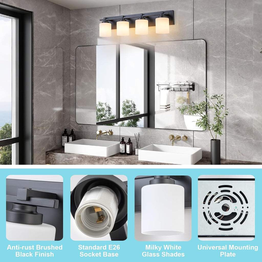 Modern Bathroom Light Fixtures Over Mirror, Vanity Lights for Bathroom Wall Sconces with Milky White Glass Shades, E26 Socket (Bulbs Not Included), 4 Light, Black