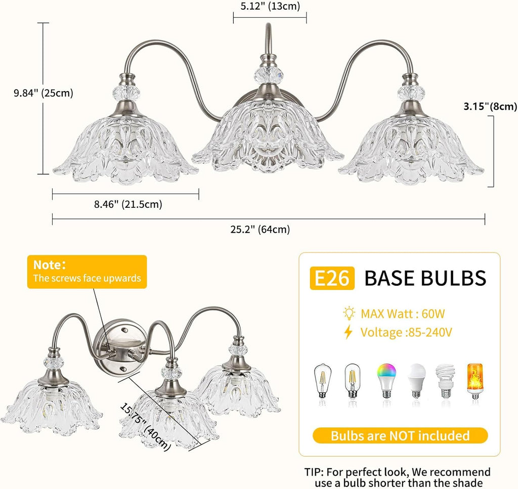 Brushed Nickel 3-Light Bathroom Vanity Light with Floral Clear Glass Shades, Brushed Nickel Wall Mount Lighting for Bathroom, Dressing Table