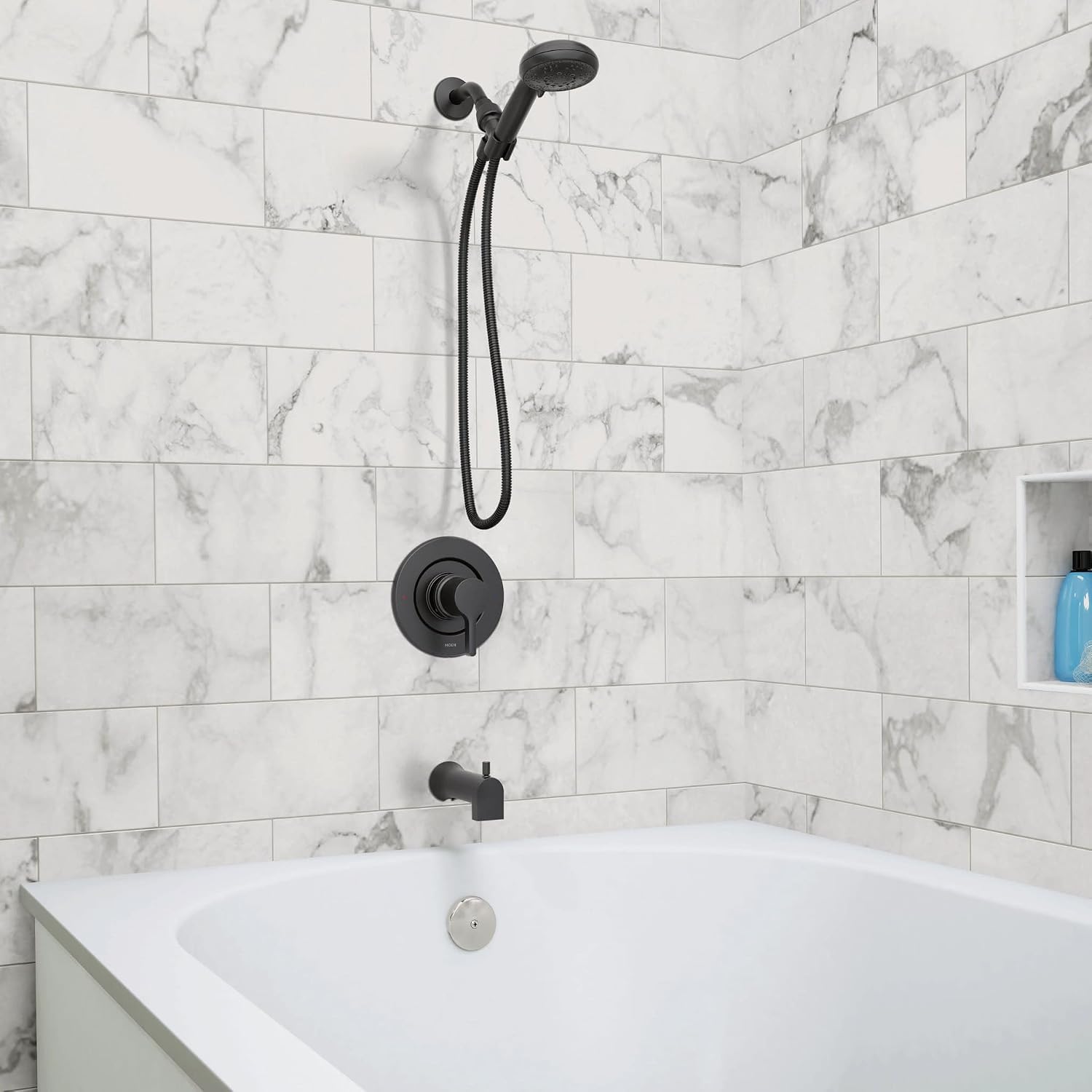 Moen 82775BL Beric Single-Handle Tub and Shower Faucet with Handshower and Metal Hose, Valve Included, IPS Tub Spout, Matte Black